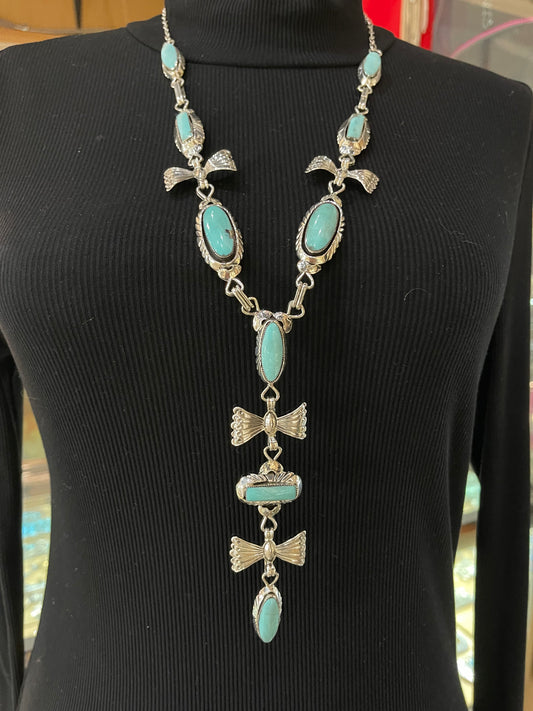 26"+5 1/2" Kingman Turquoise Lariat Bow Necklace by Emerson Delgarito, Navajo