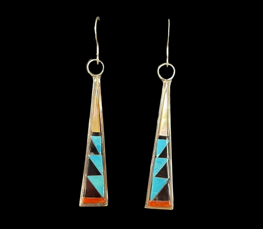 Multi-Stone Triangle Inlay Dangle Earrings by Tammie Qualo, Zuni