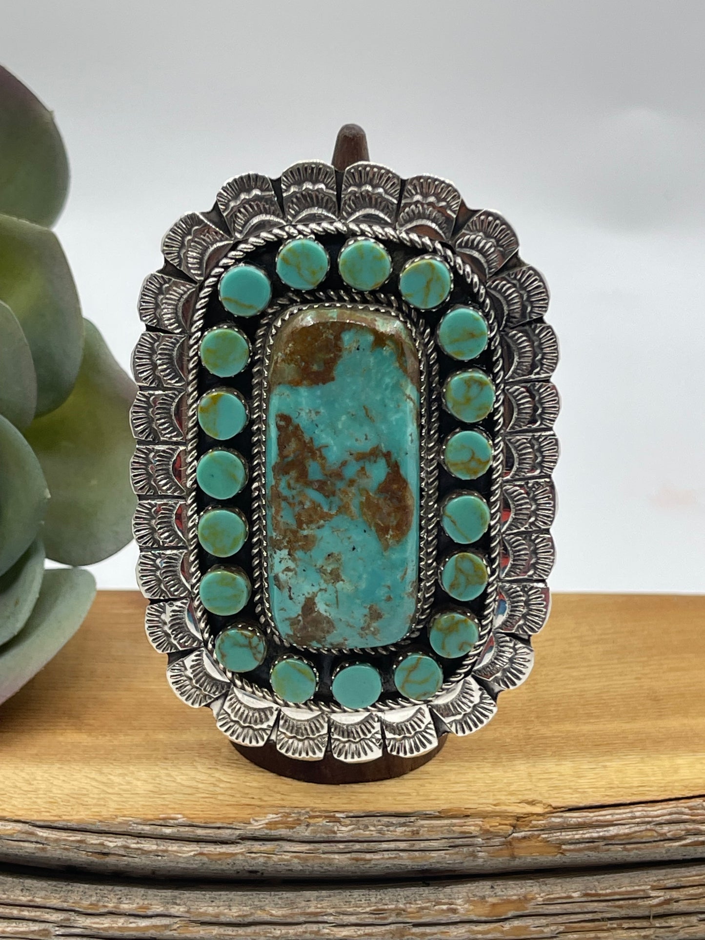 Adjustable Kingman Turquoise Cluster Ring by Larry Etsitty, Navajo