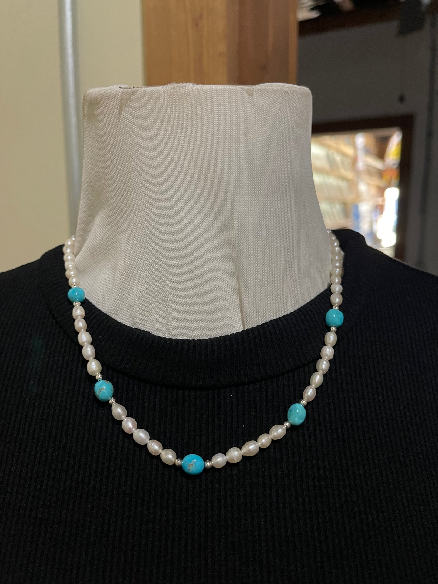 18" Sleeping Beauty Turquoise and Fresh Water Pearls Necklace