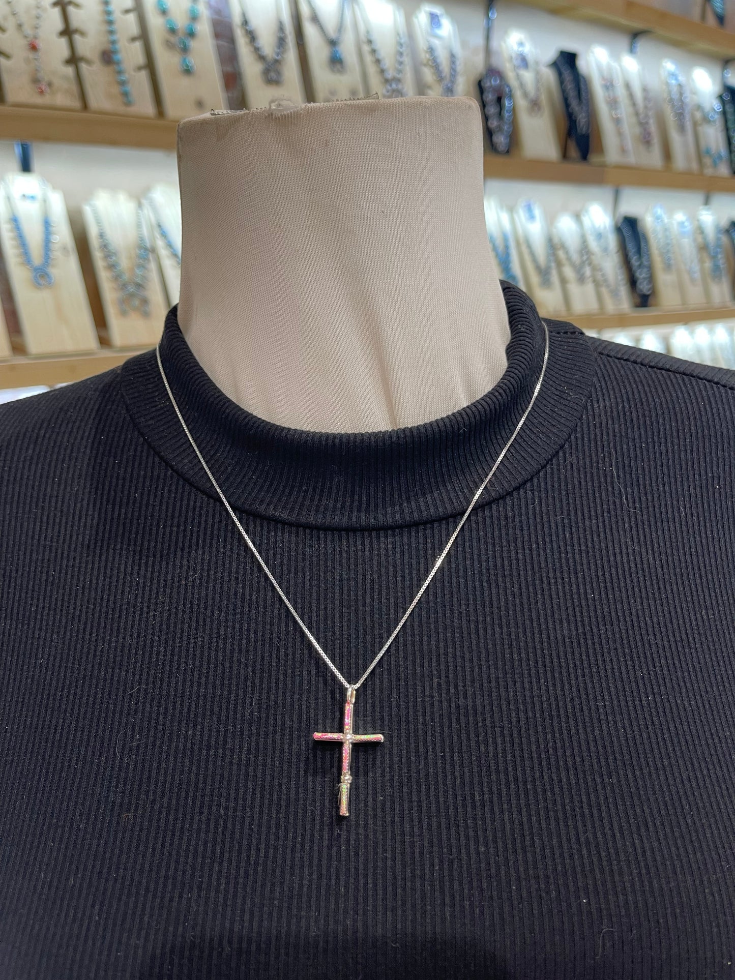 20" Hot Pink & Red Opal Reversible Needlepoint Cross Necklace by Ashley Laate, Zuni
