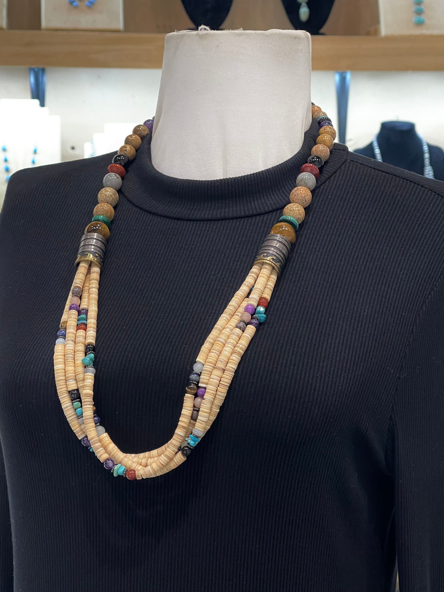 30" 4 Strand Melon Shell & Multi-Stone Necklace by Tommy & Rose Singer, Navajo