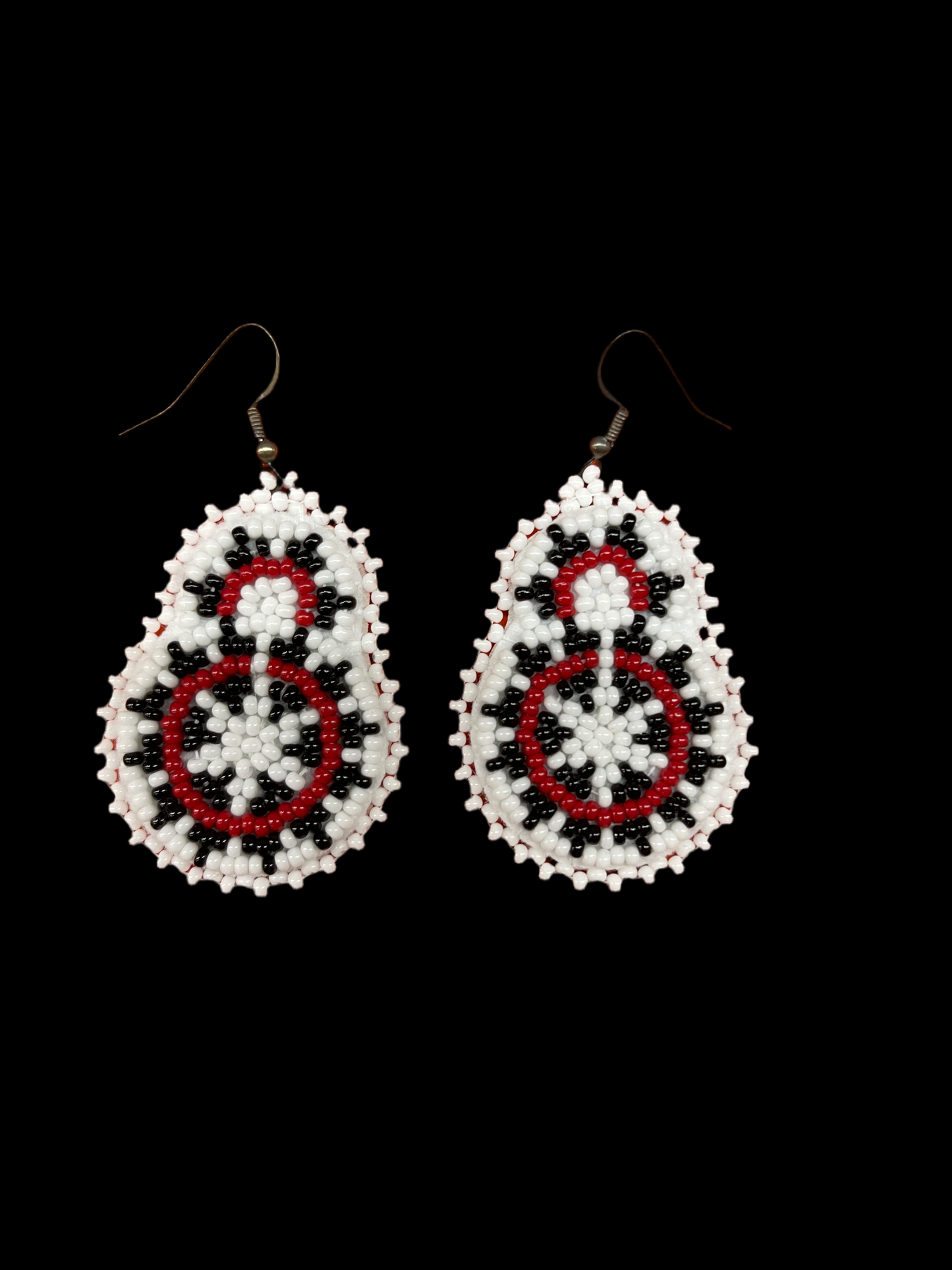 White, Black and Red Seed Bead Basket Design Dangle Hook Earrings