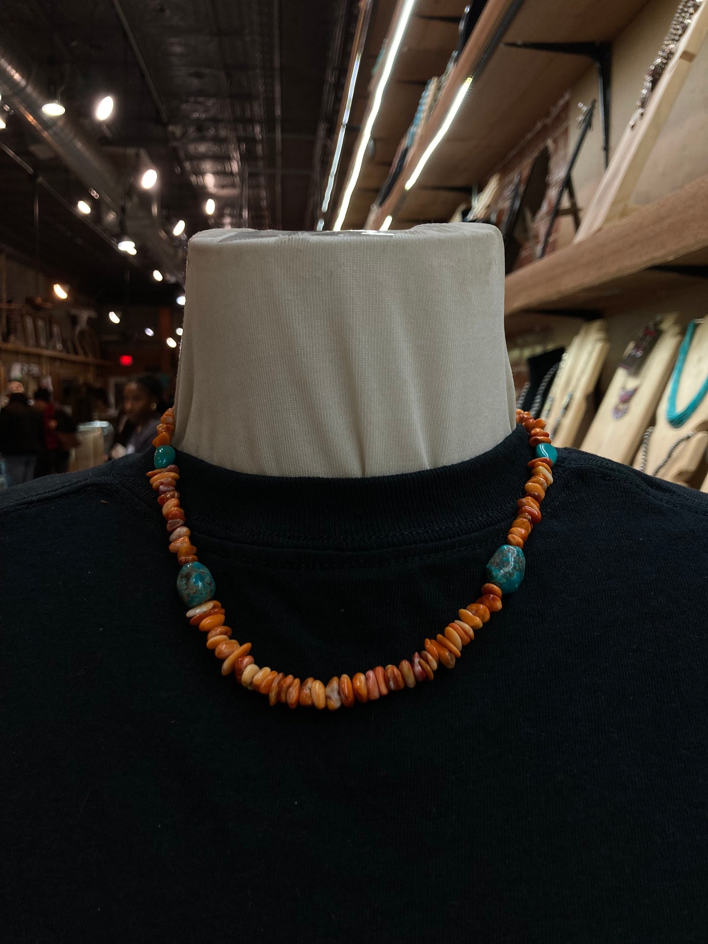 16" Orange Spiny Oyster and Turquoise Nugget Necklace