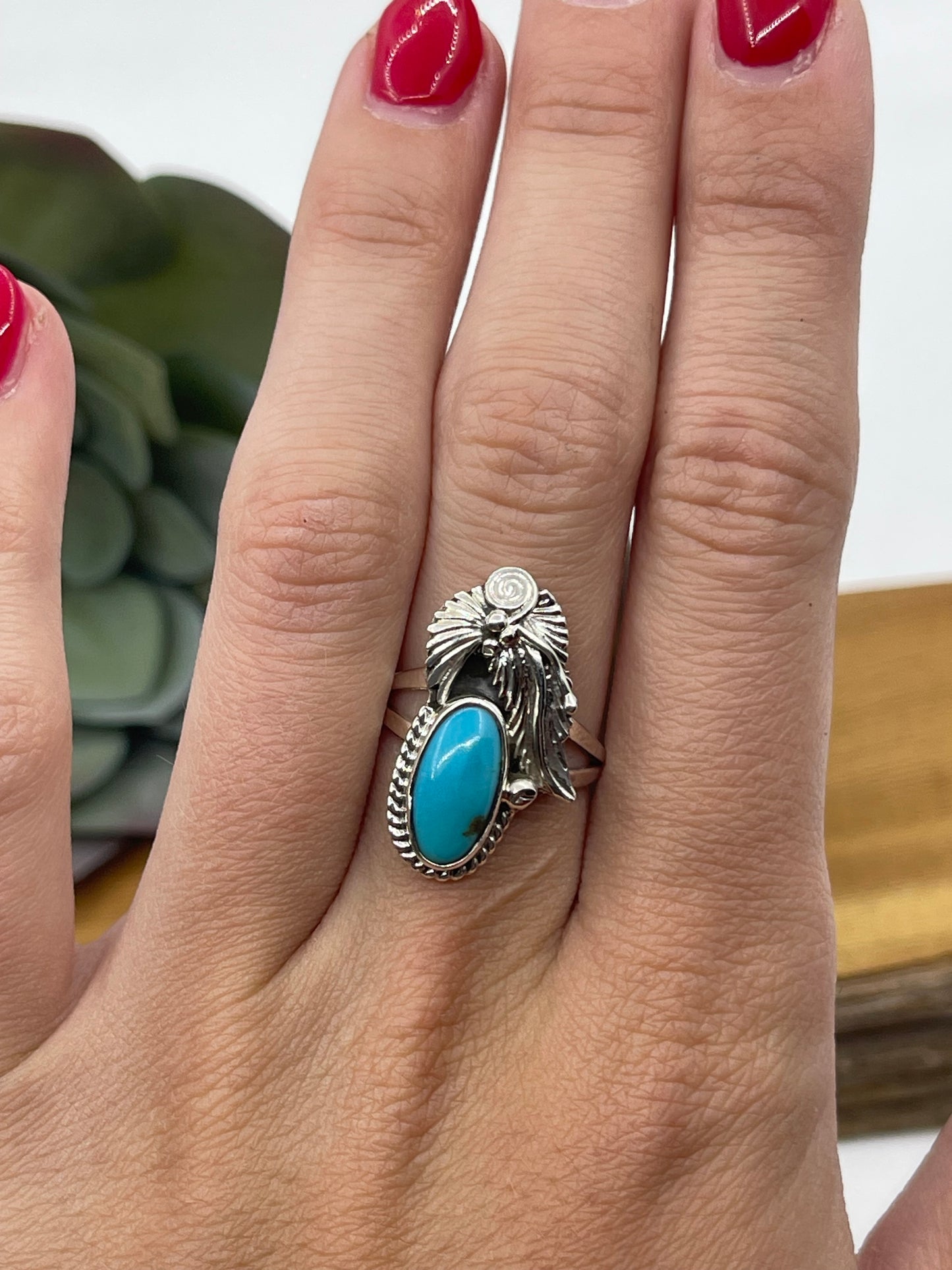 5.5 Turquoise Oval Feather Ring by Harris Largo, Navajo
