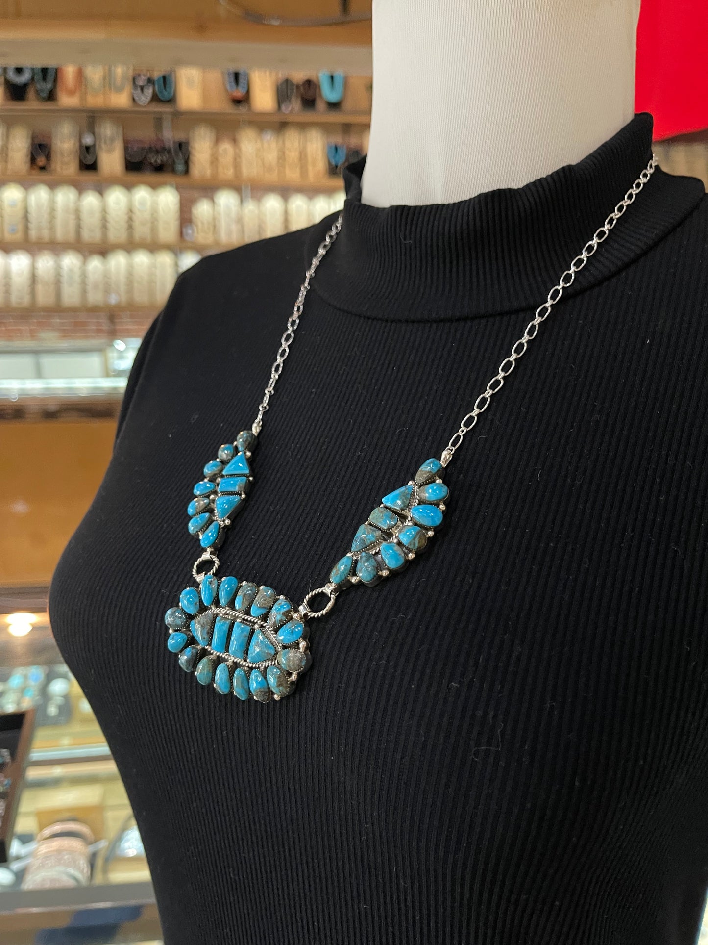 24" Triple Turquoise Cluster Necklace by Dorothy Lee, Navajo