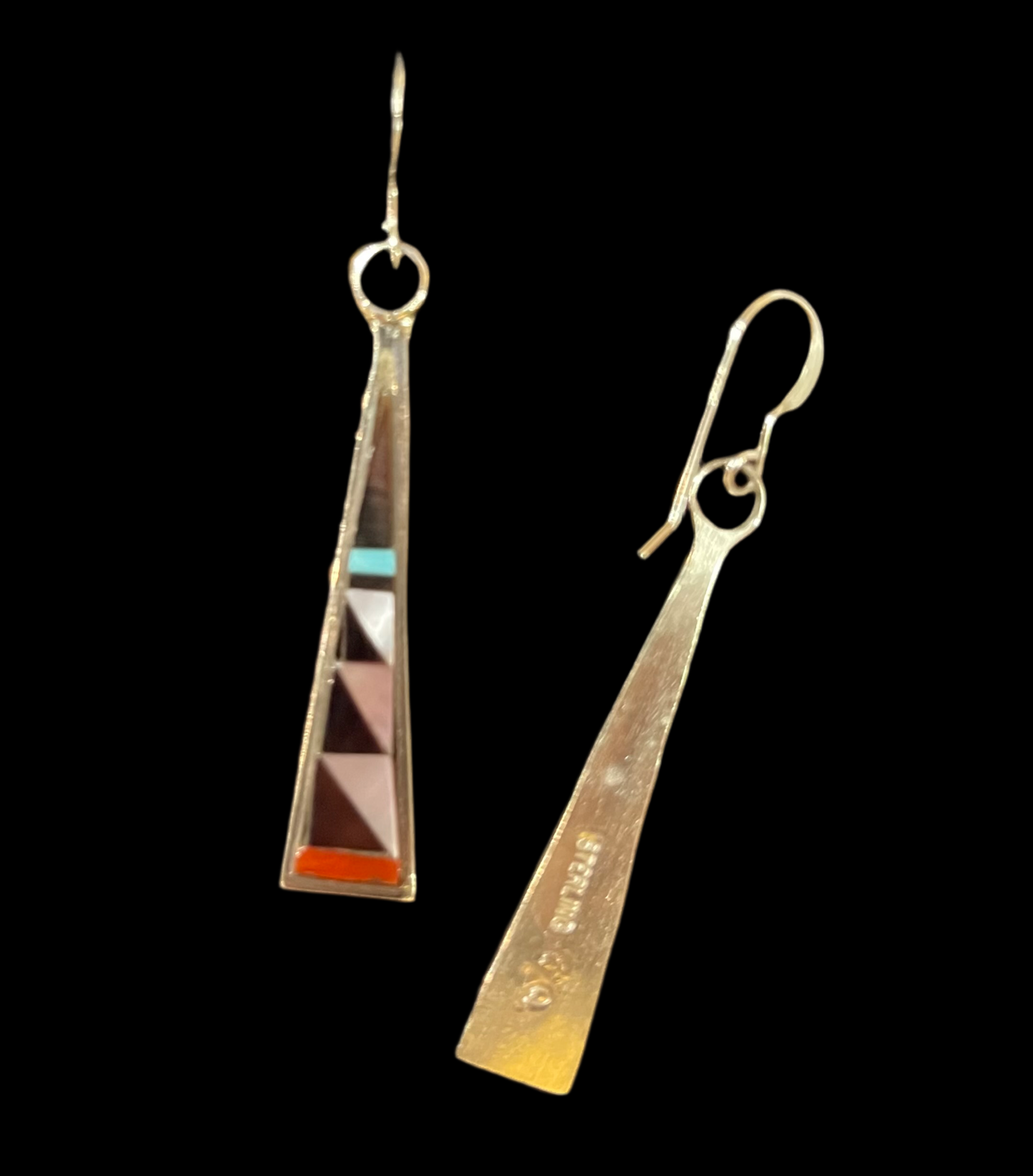 Multi-Stone Triangle Inlay Dangle Earrings by Tammie Qualo, Zuni