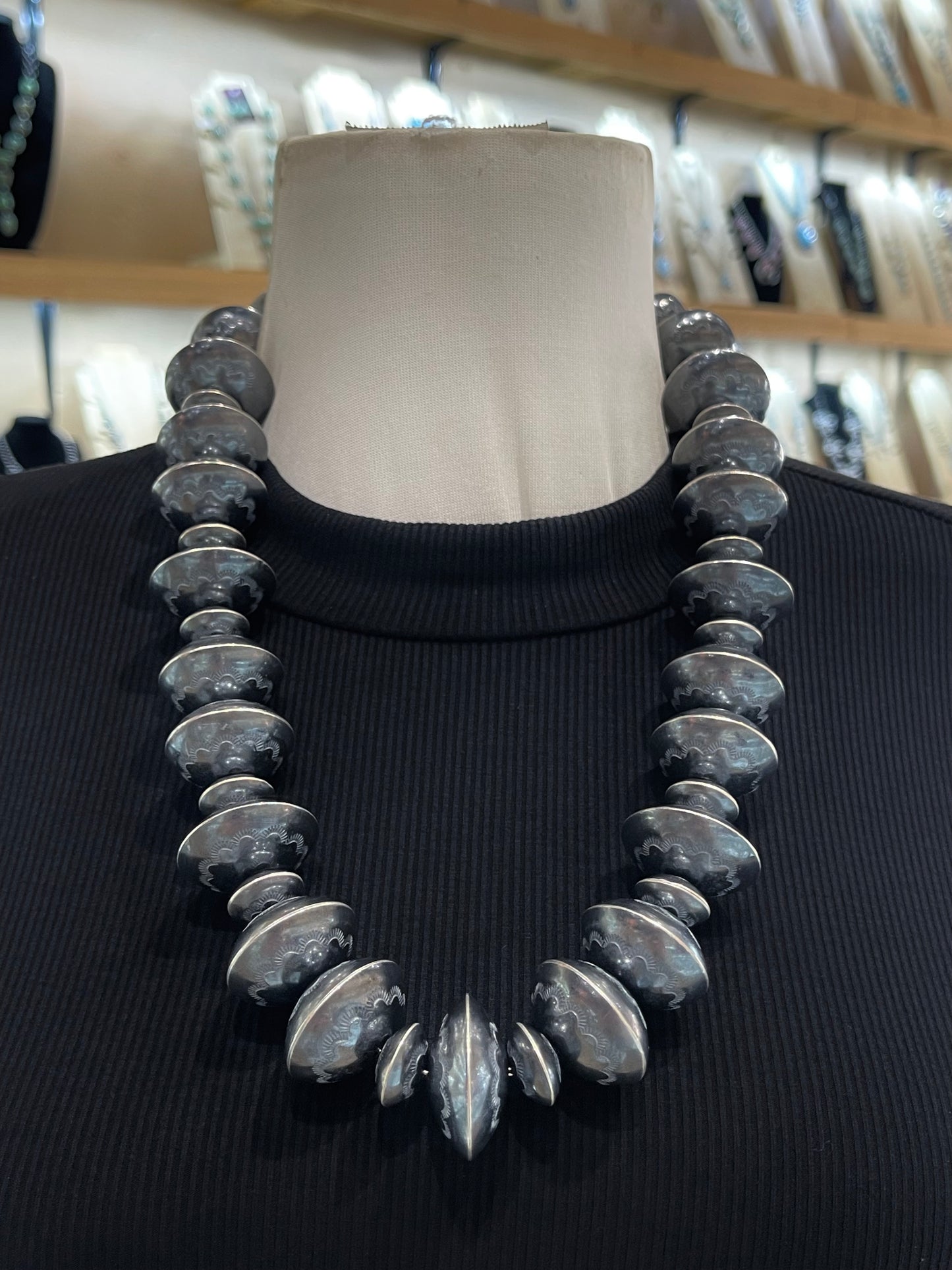 25" Handmade Stamped Navajo Pearl Necklace by Marietta Kellywood, Navajo