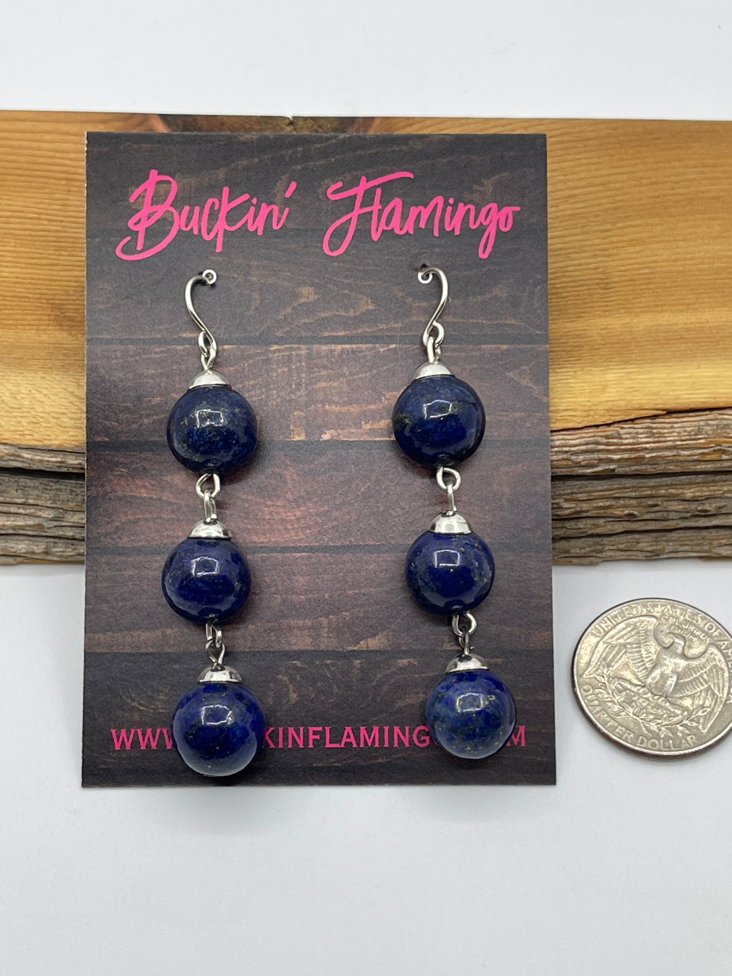 12.6mm 3 Stone Lapis Dangle Earrings