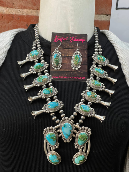 24" Sonoran Gold Turquoise Squash Blossom and Earrings Set by Tom Lewis, Navajo