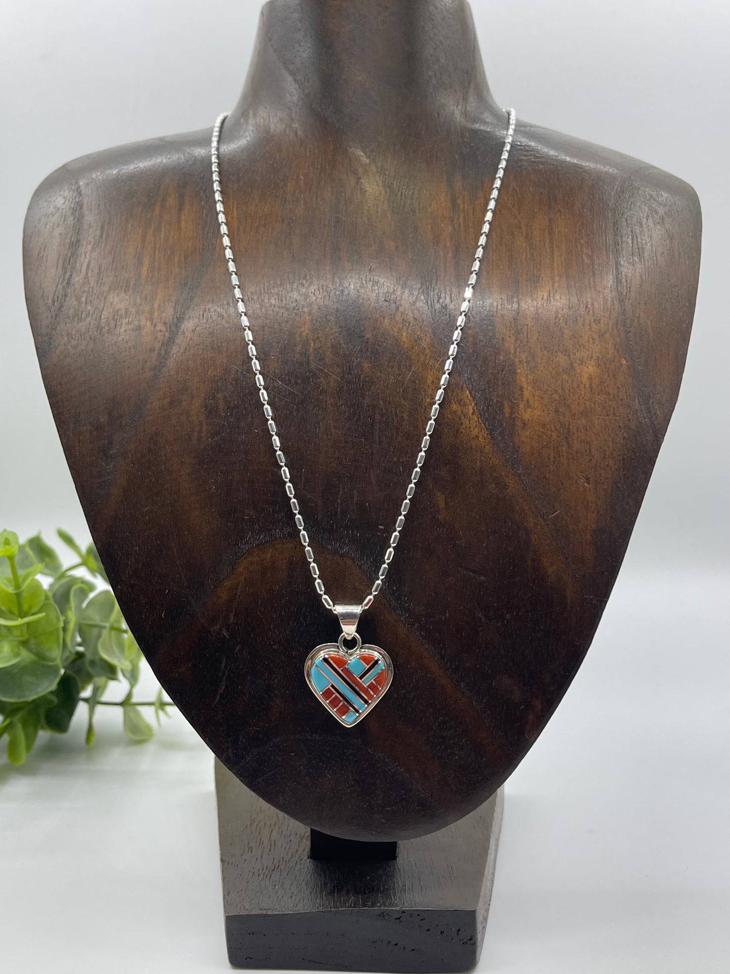 18" Coral, Turquoise & Onyx Heart Necklace by Kay Panteah, Zuni
