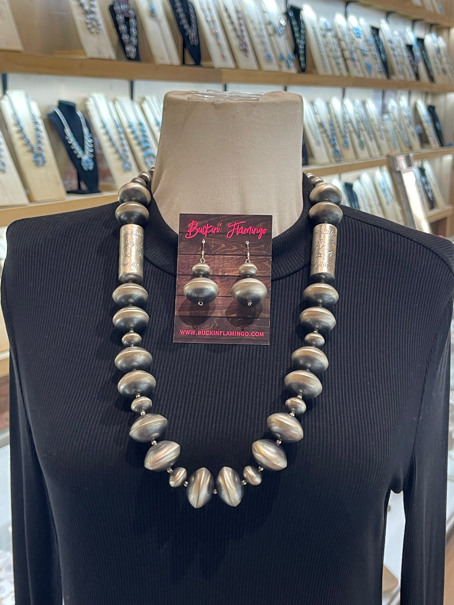 LOT 86 6/14 Handmade 24mm Navajo Pearl Necklace and Earring Set by Sharon McCarthy, Navajo
