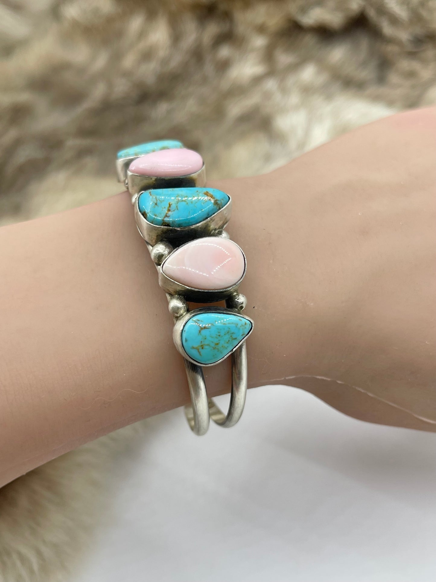 5 Stone Pink Conch & Turquoise Cuff by Augustine Largo, Navajo