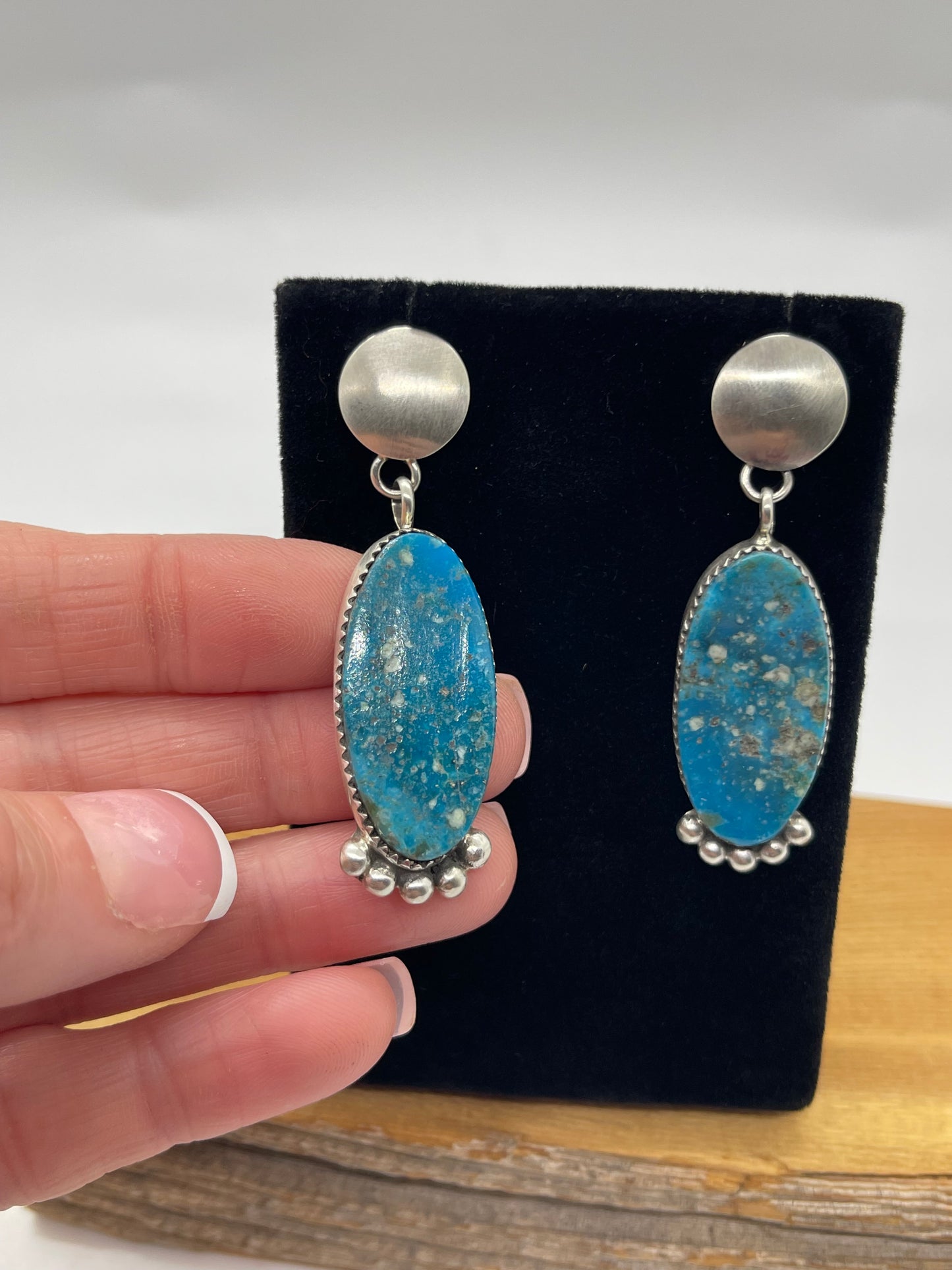 Turquoise Oval Post Dangle Earrings by Selina Warner, Navajo