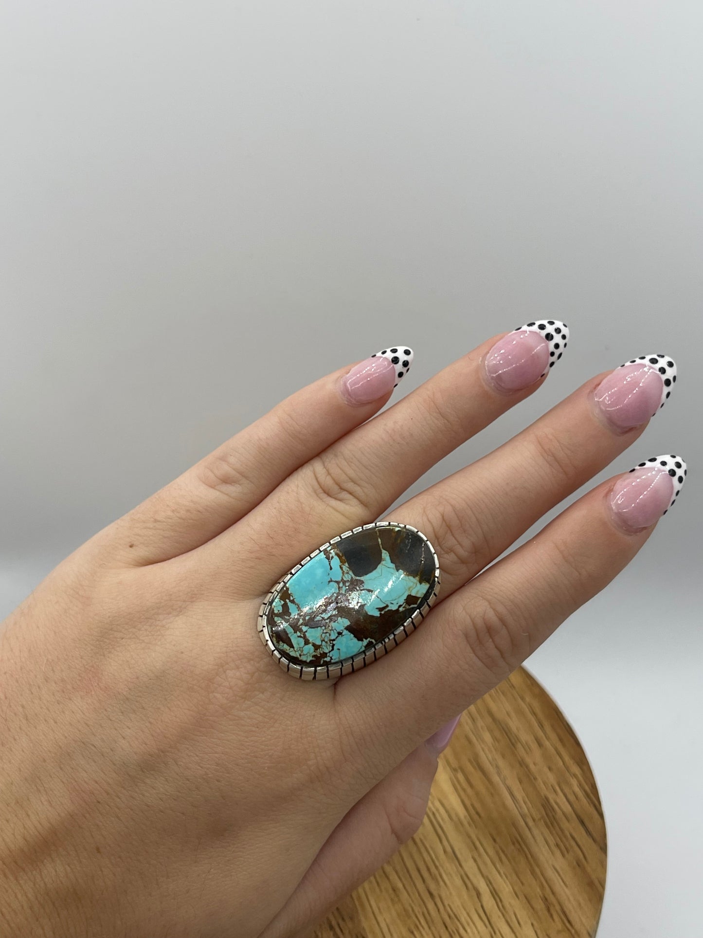 9.0 #8 Turquoise Stamped R Ring, Navajo
