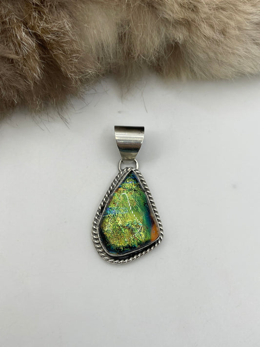 10mm Bale Dichroic Glass Pendant Stamped Silver