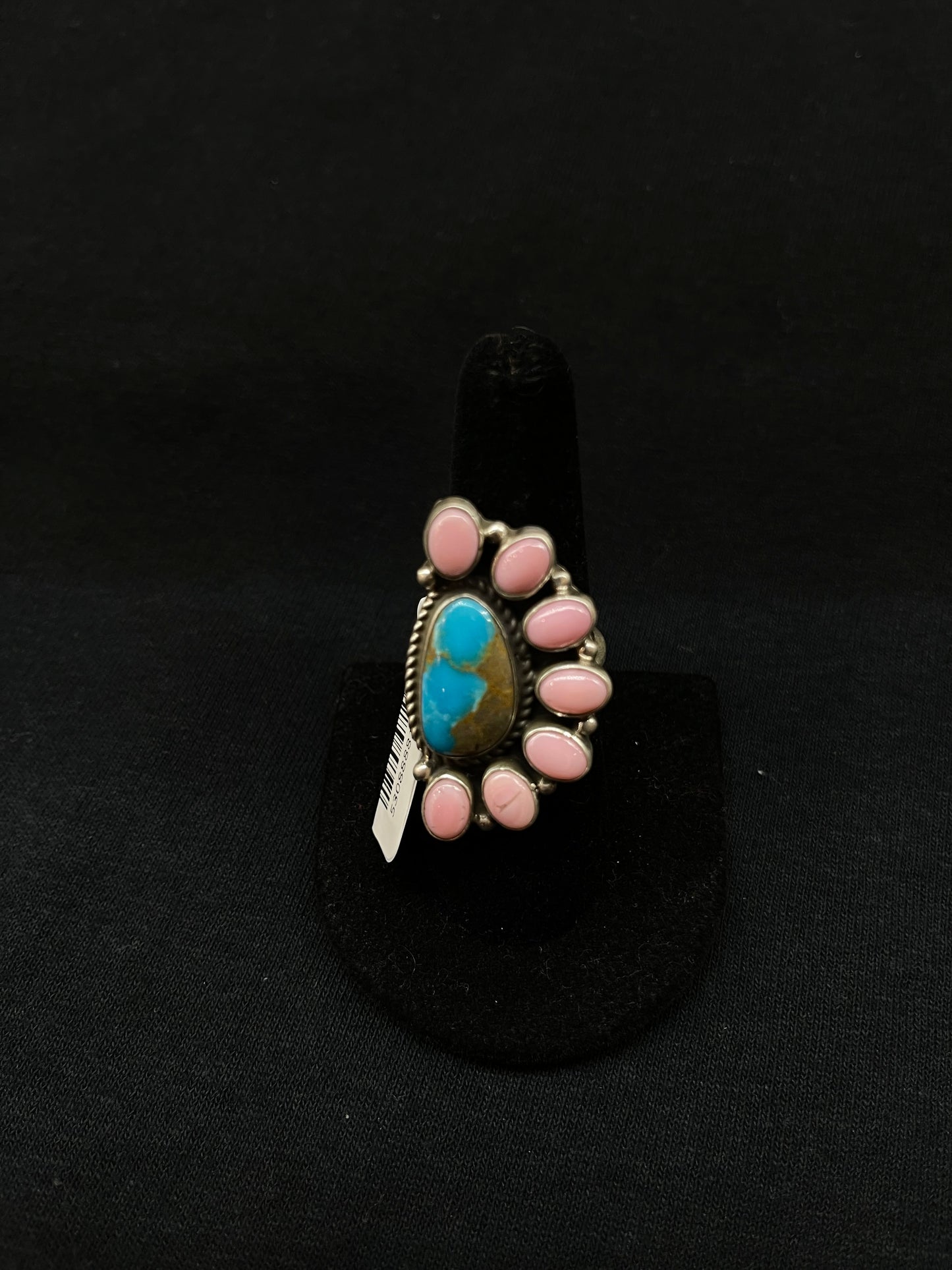 Adjustable Kingman Turquoise and Pink Conch Shell Half Cluster Ring by G. James, Navajo