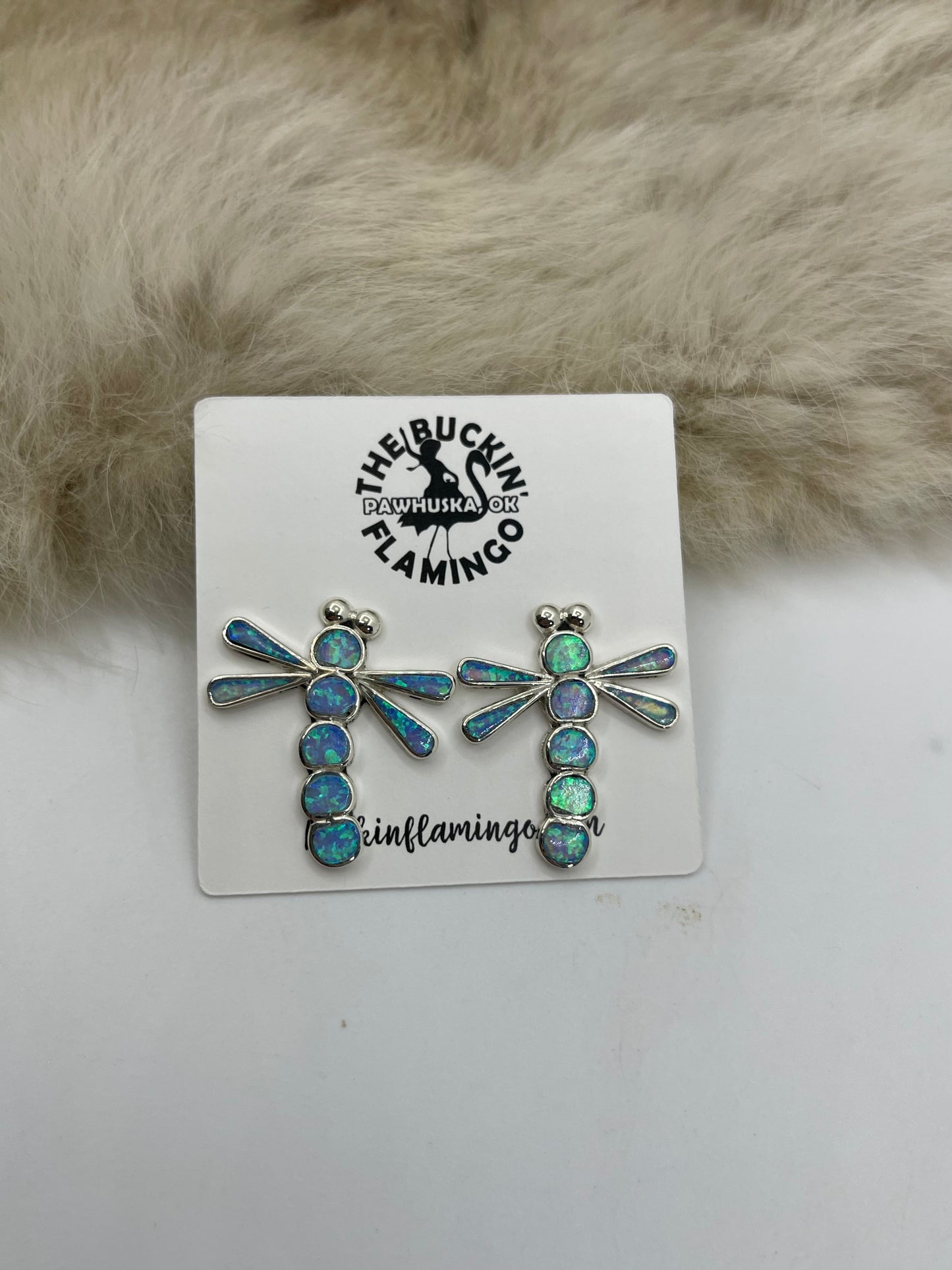 Blue Opal Dragonfly Earrings by Emma Edaakie, Zuni