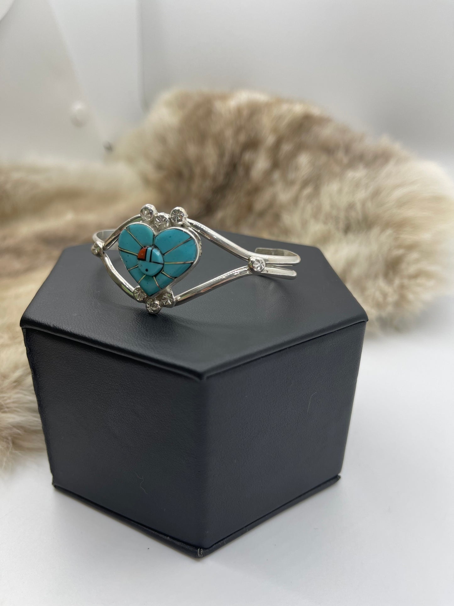 Turquoise Inlaid Heart with Zuni Sunface Cuff
