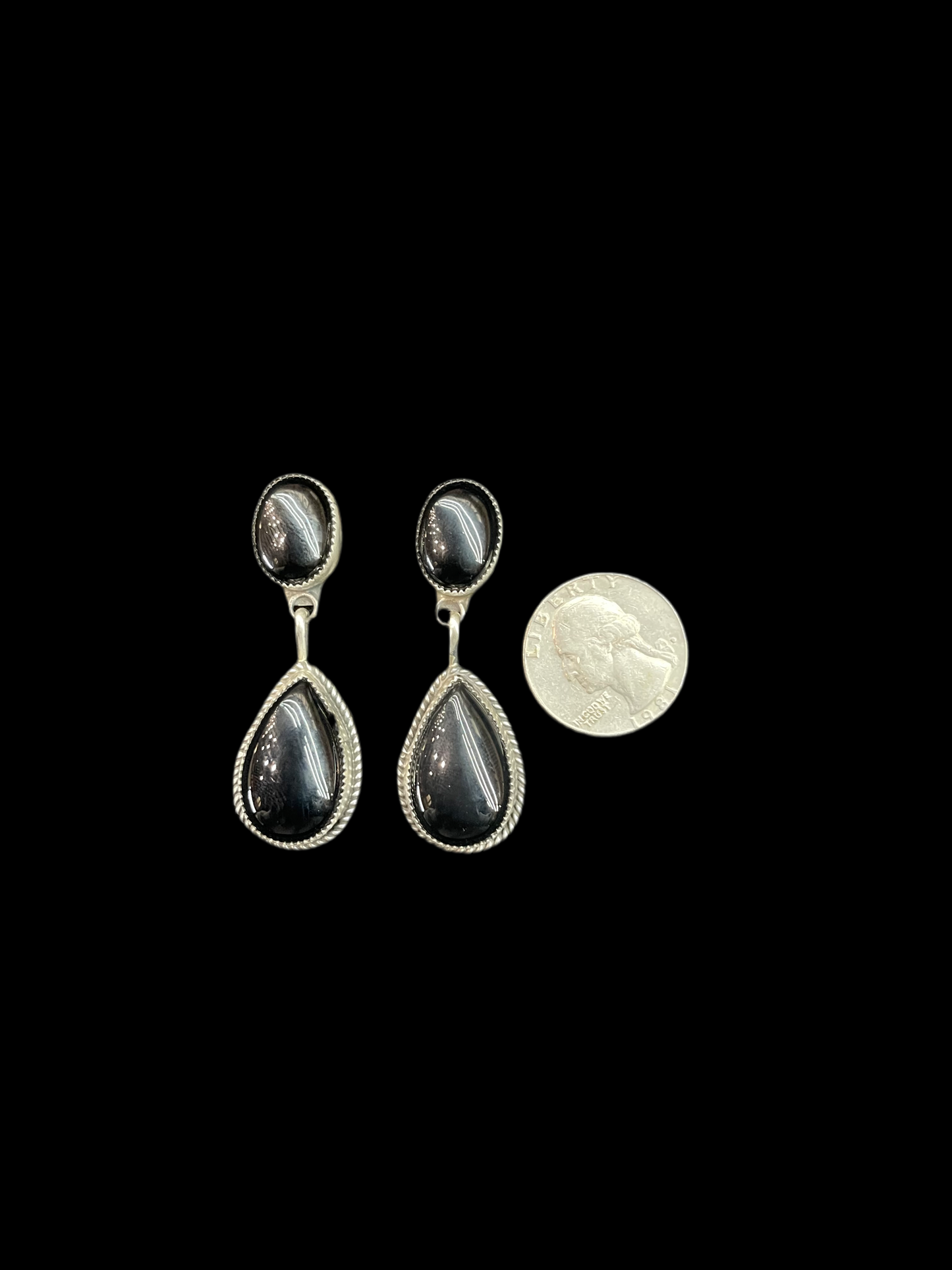 2 Stone Black Onyx Teardrop Post Dangle Earrings by Judith Dixon, Navajo