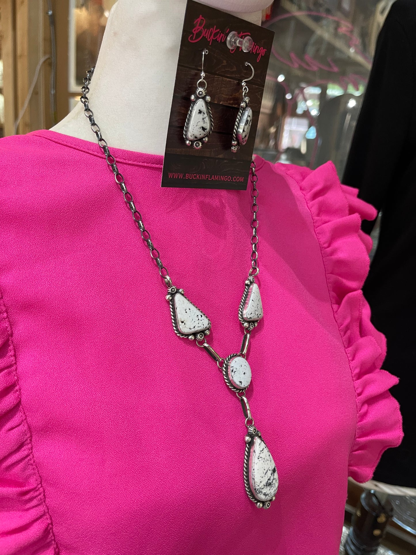 26" White Buffalo Lariat Necklace and Dangle Earrings Set by Anne Spencer, Navajo