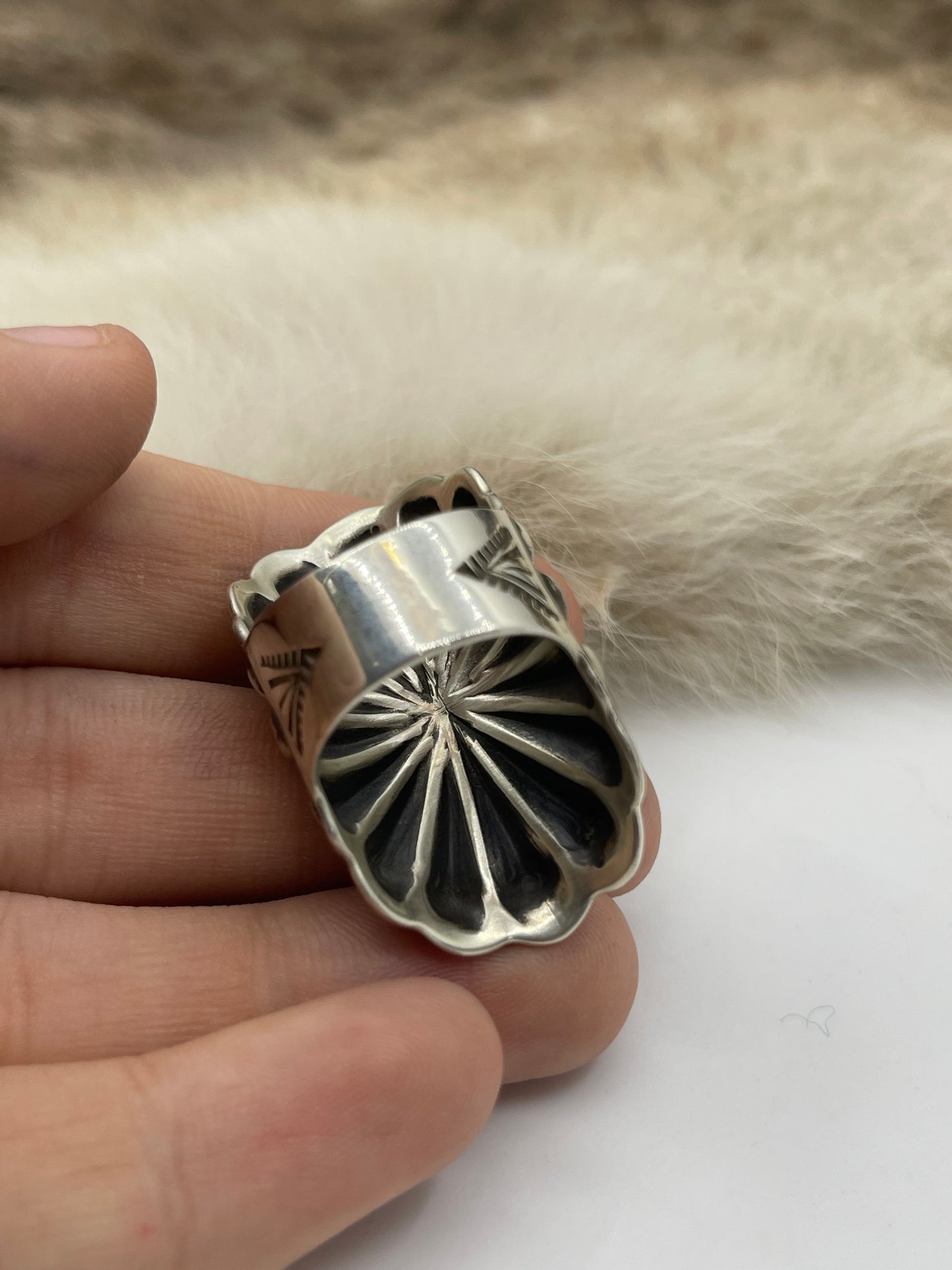 7.5 Silver Oval Concho Ring by Darnell Cadman, Navajo