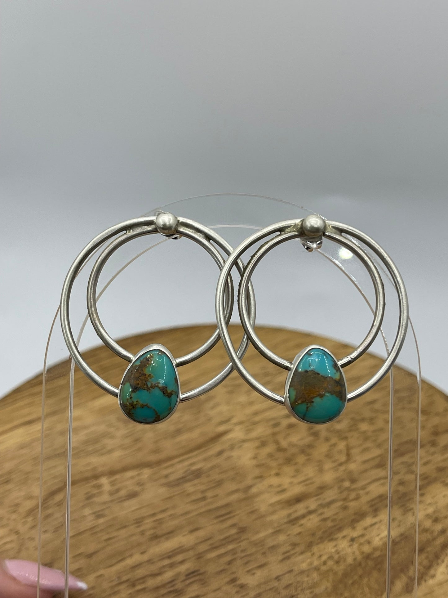 2 Wire Post Hoops with Turquoise Teardrop by Lawrence James, Navajo