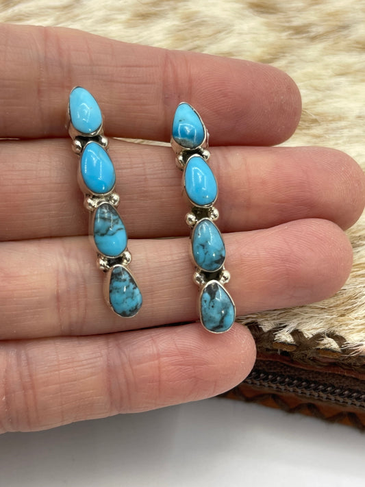 4 Stone Kingman Turquoise Drop Earrings by Sadie Jim, Navajo