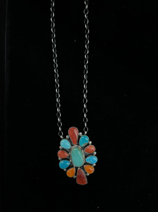 18" Turquoise and Spiny Oyster Shell Cluster Necklace by Elouise Kee, Navajo