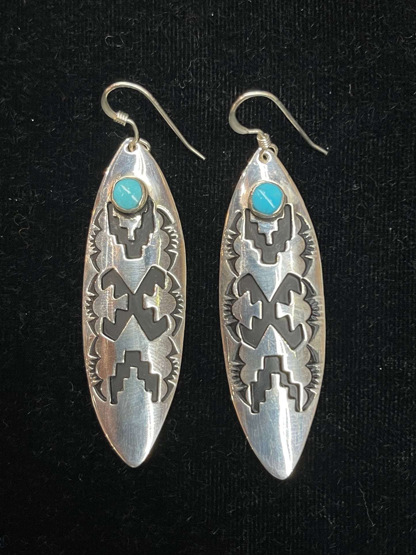 Silver Stamped Earrings with Turquoise Stone by Tommy & Rose Singer, Navajo