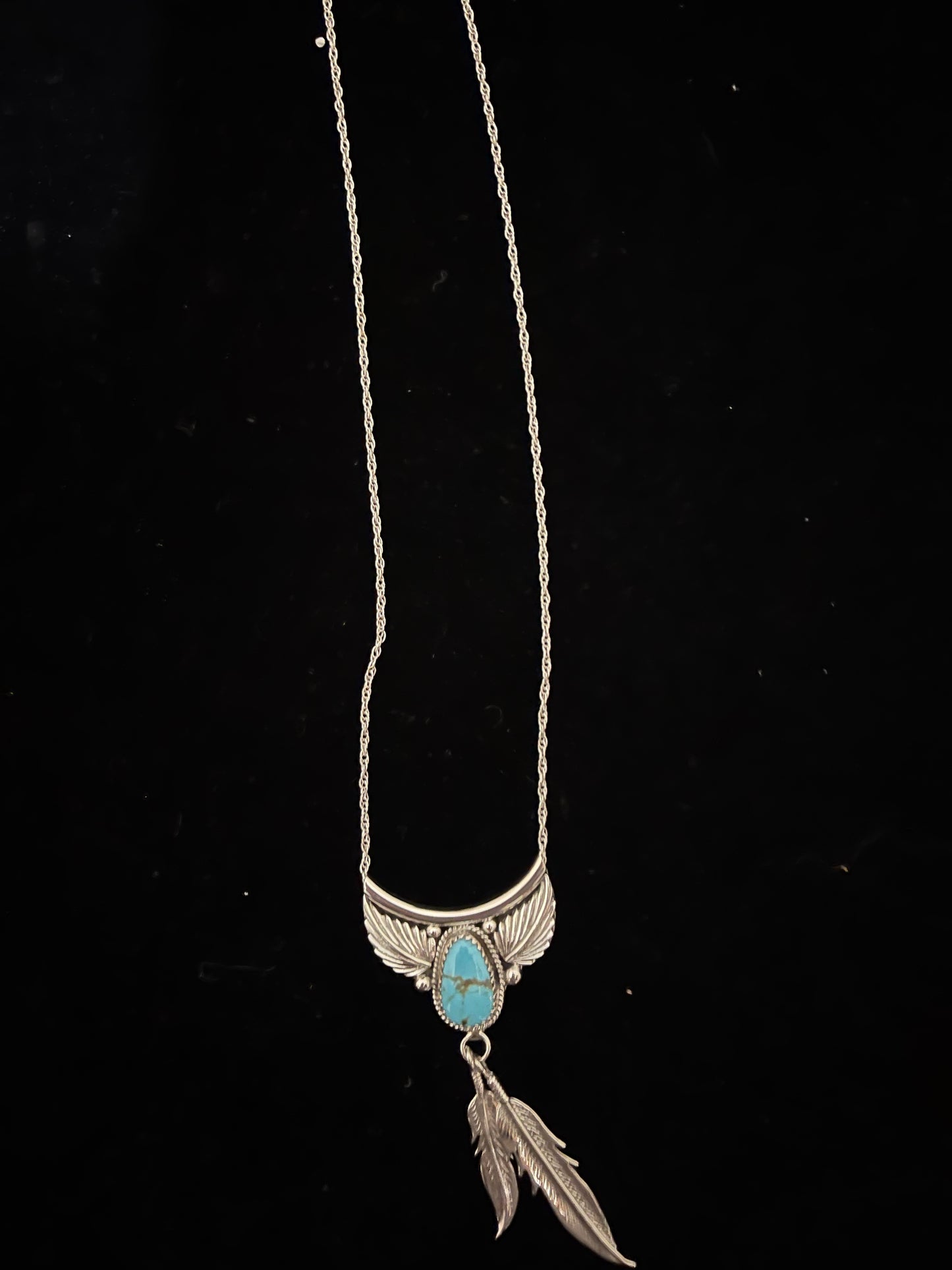 17" Kingman Turquoise Feather Dangle Necklace by Sharon McCarthy, Navajo