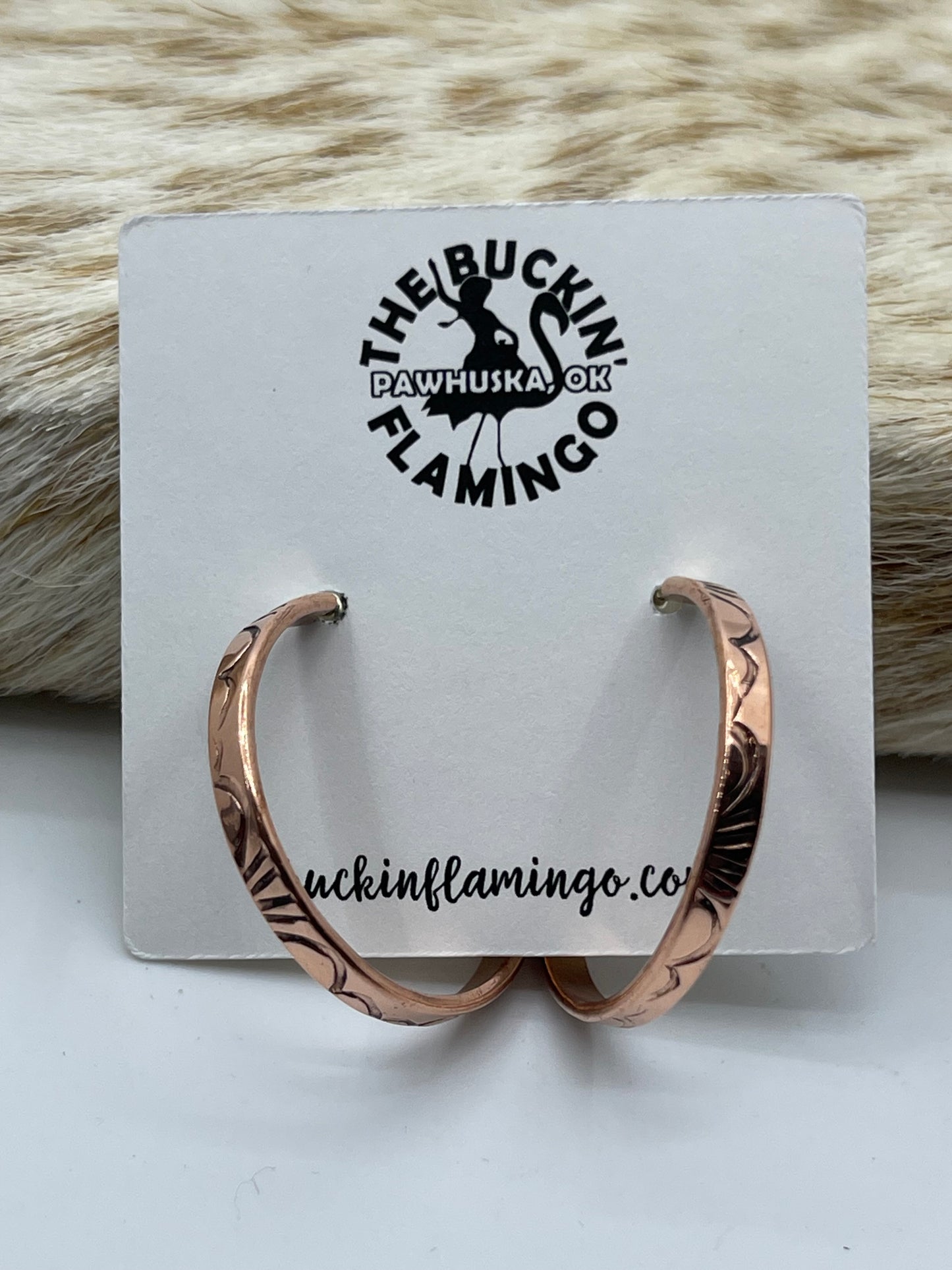 Copper Stamped Post Hoop Earrings by Elaine Tahe, Navajo