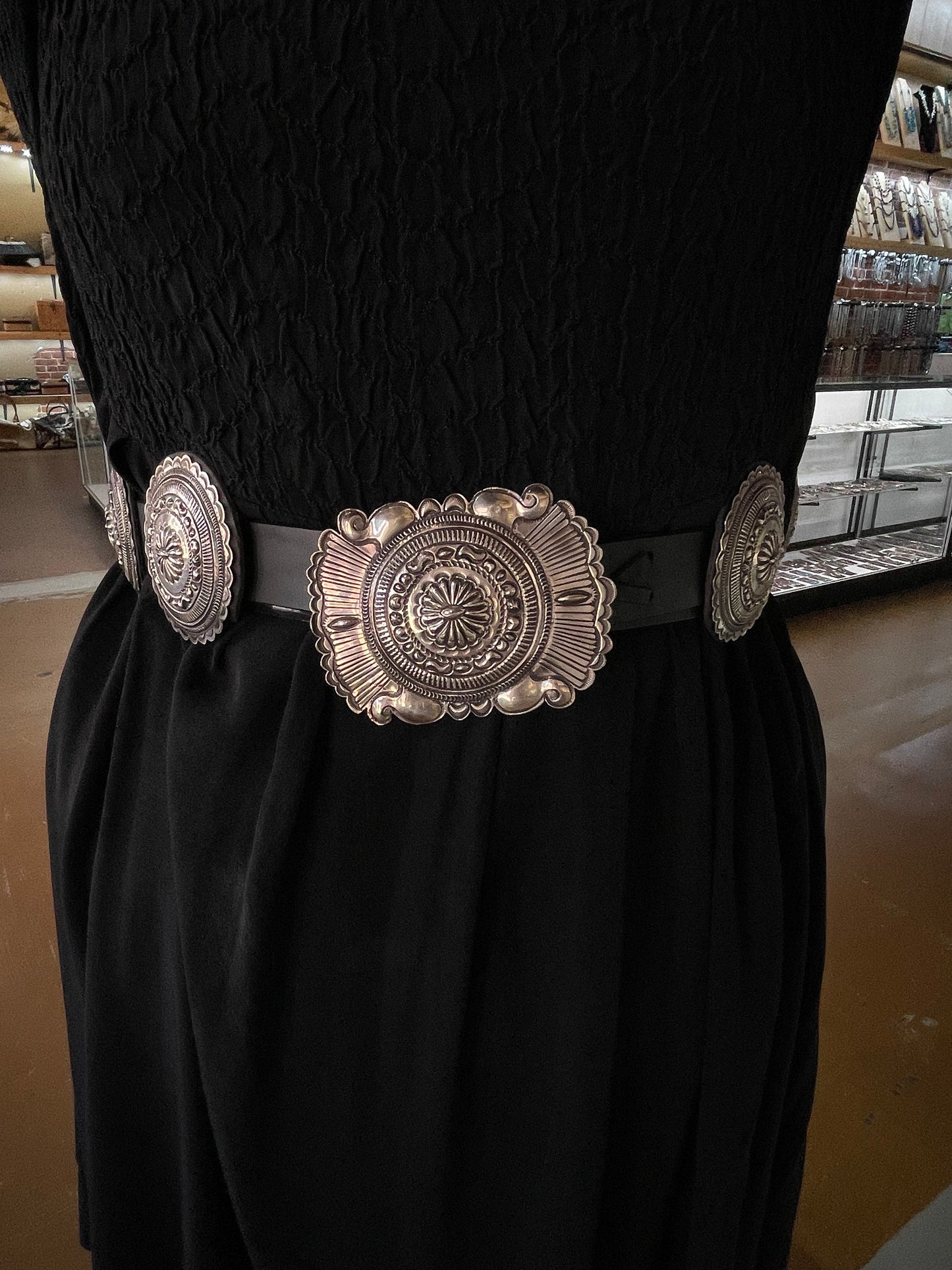60" Stamped Concho Belt on Black Leather by Eugene Charley, Navajo