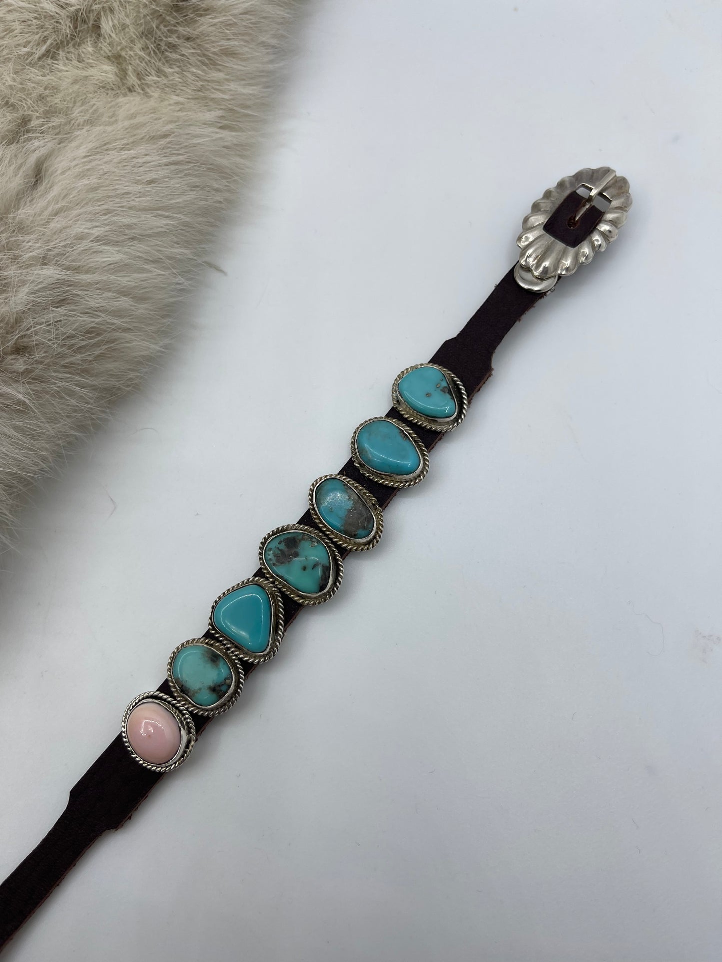 Kingman Turquoise and Pink Conch Shell on Leather by Daniel Morgan, Navajo