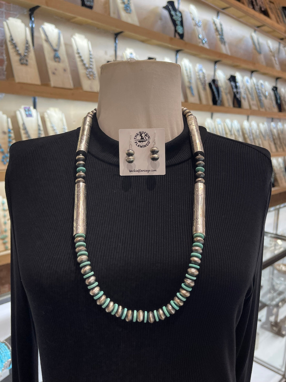 12mm 30” Handmade Navajo Pearl Necklace & Earring Set by Tylena Nez, Navajo