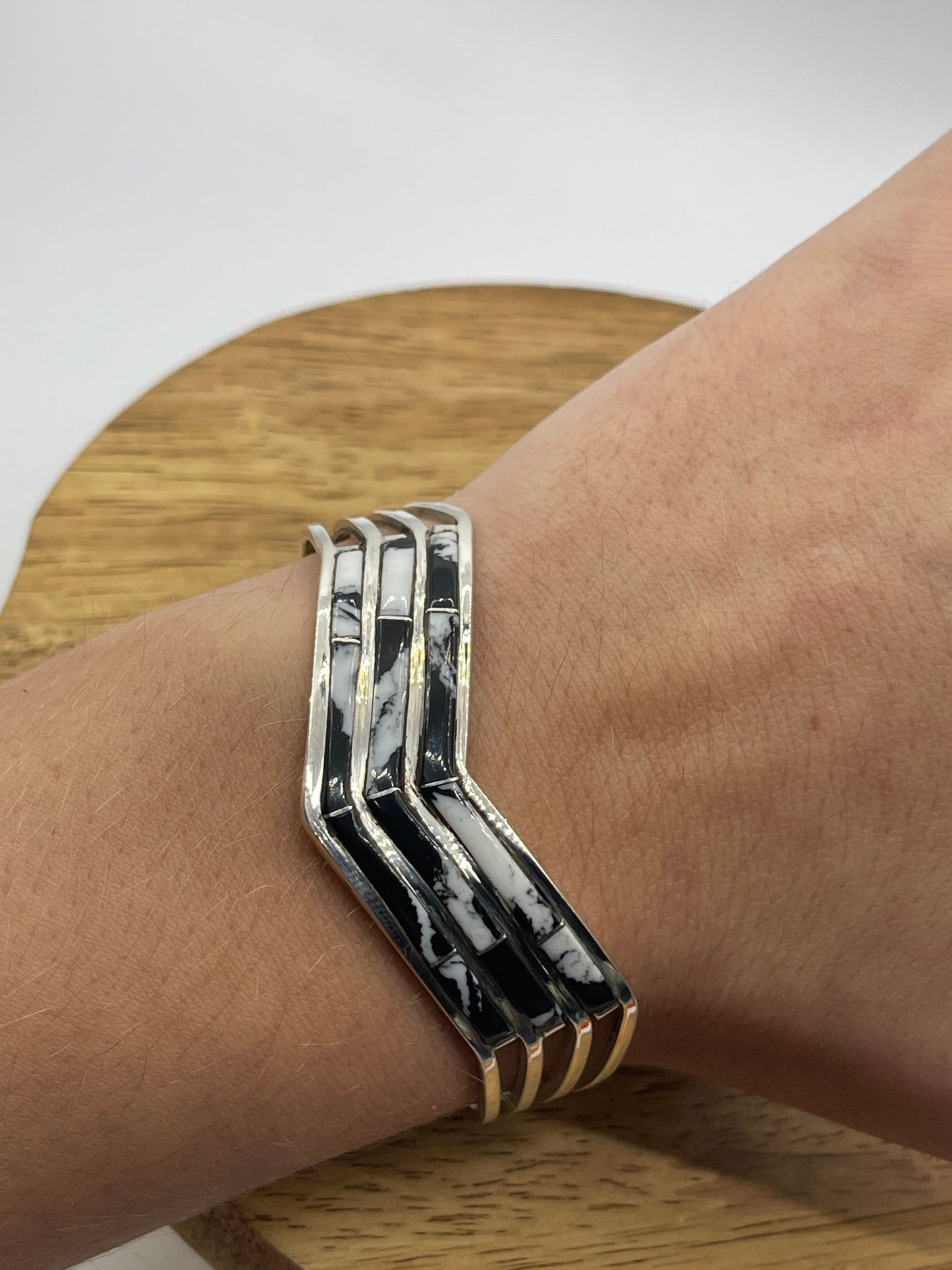 3 Row White Buffalo Chevron Cuff by Jamie Johnson, Navajo