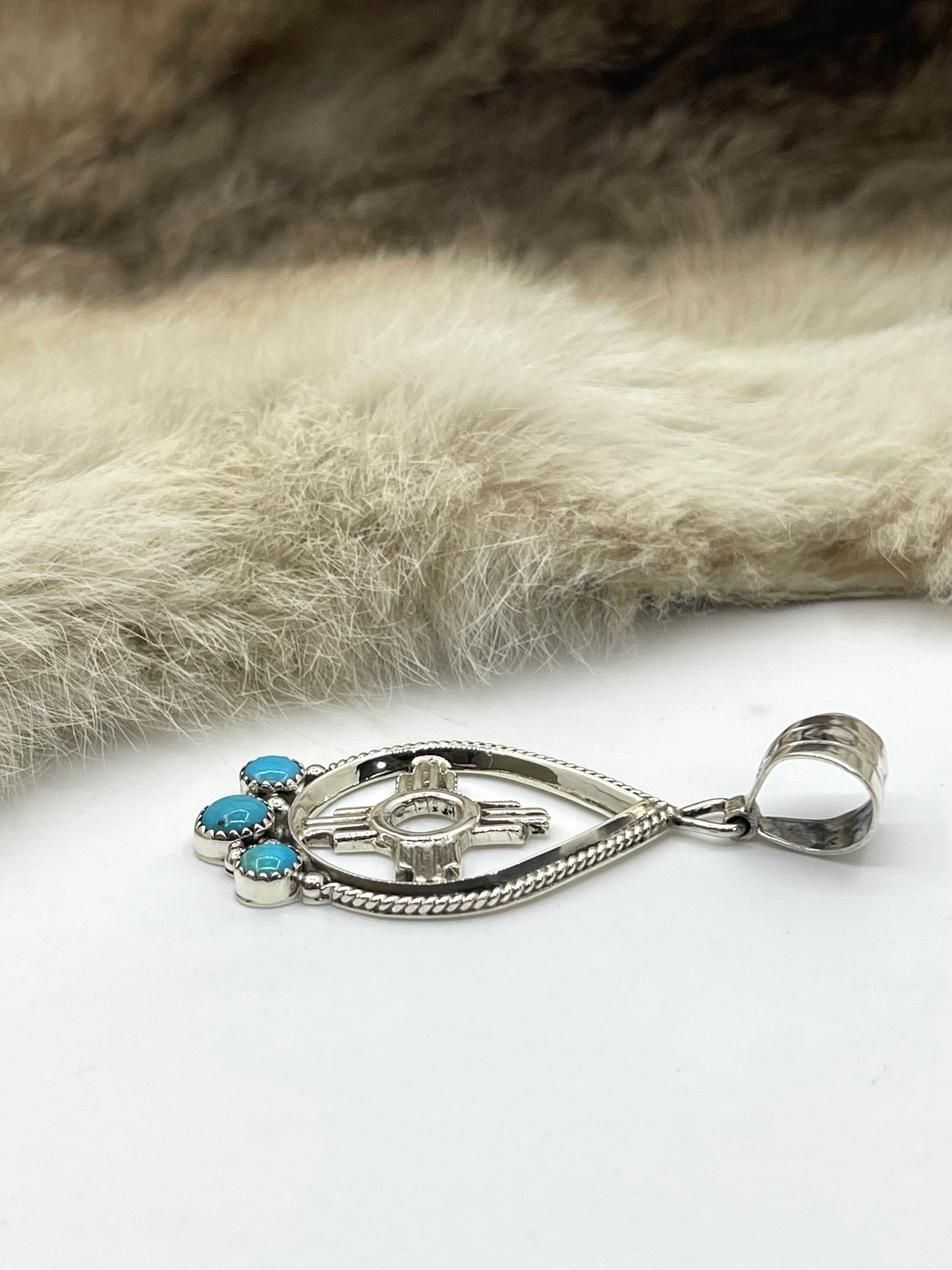 9.2mm Bail Zia Symbol Pendant with 3 Turquoise Stones by Jimmy Garcia, Navajo