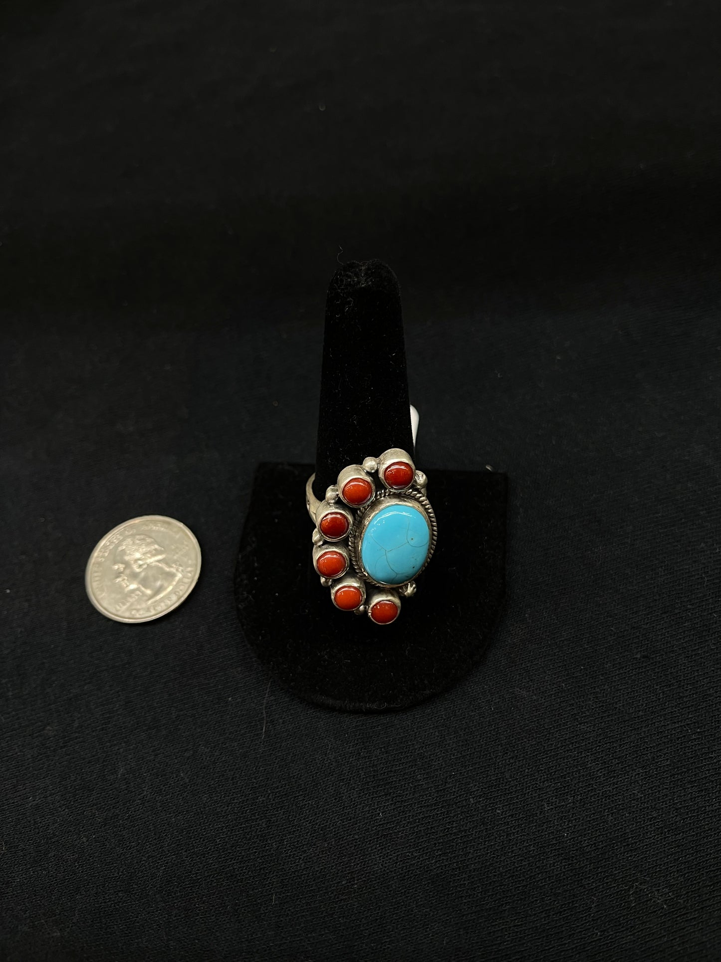 Adjustable Turquoise and Red Coral Half Cluster Ring by Zia