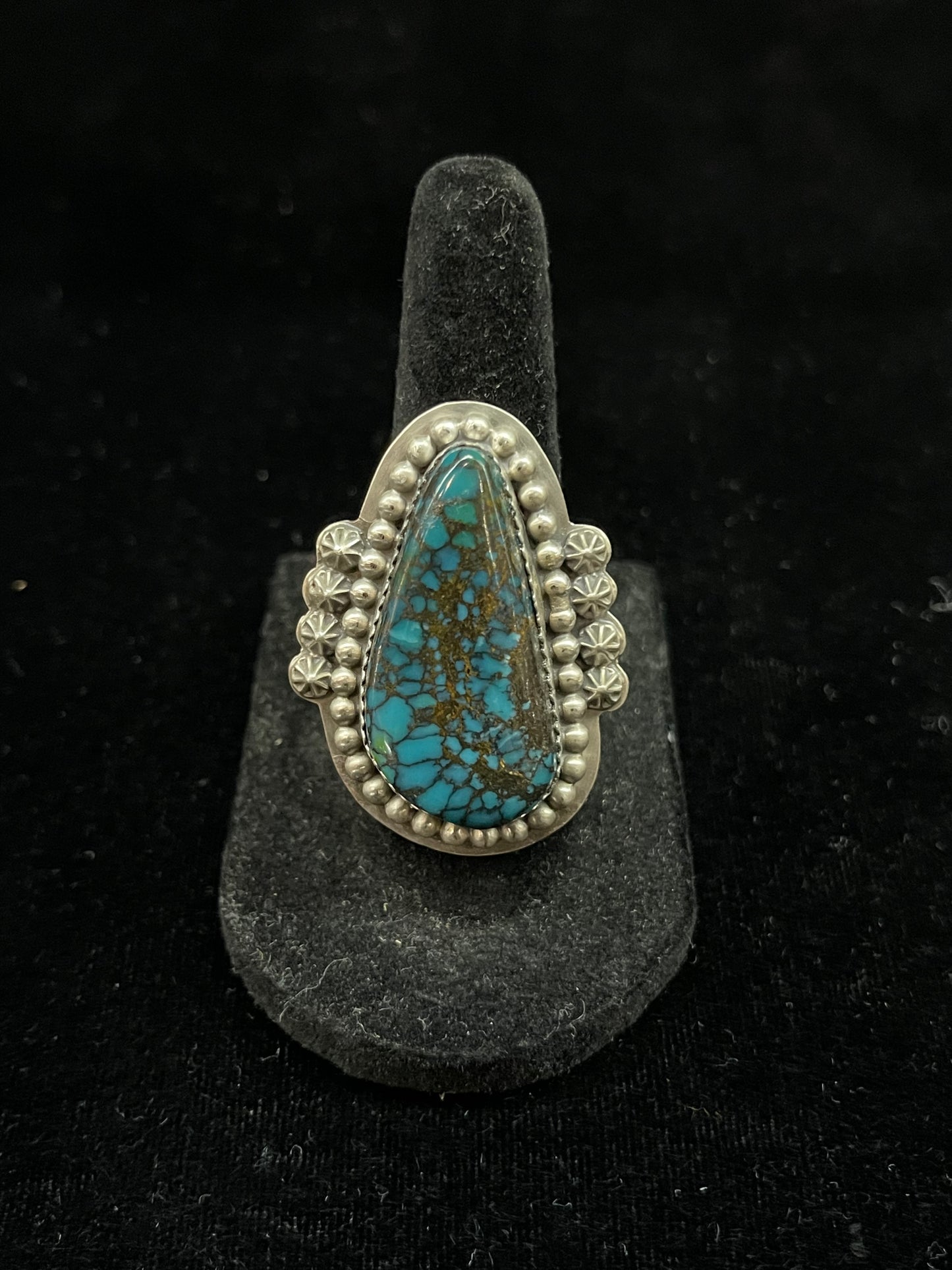 7.0 Kingman Web Turquoise Teardrop Ring by J. Piaso, Navajo