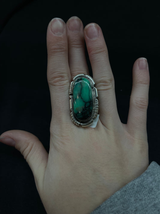 Adjustable Emerald Rose Turquoise Oval Ring by Zia