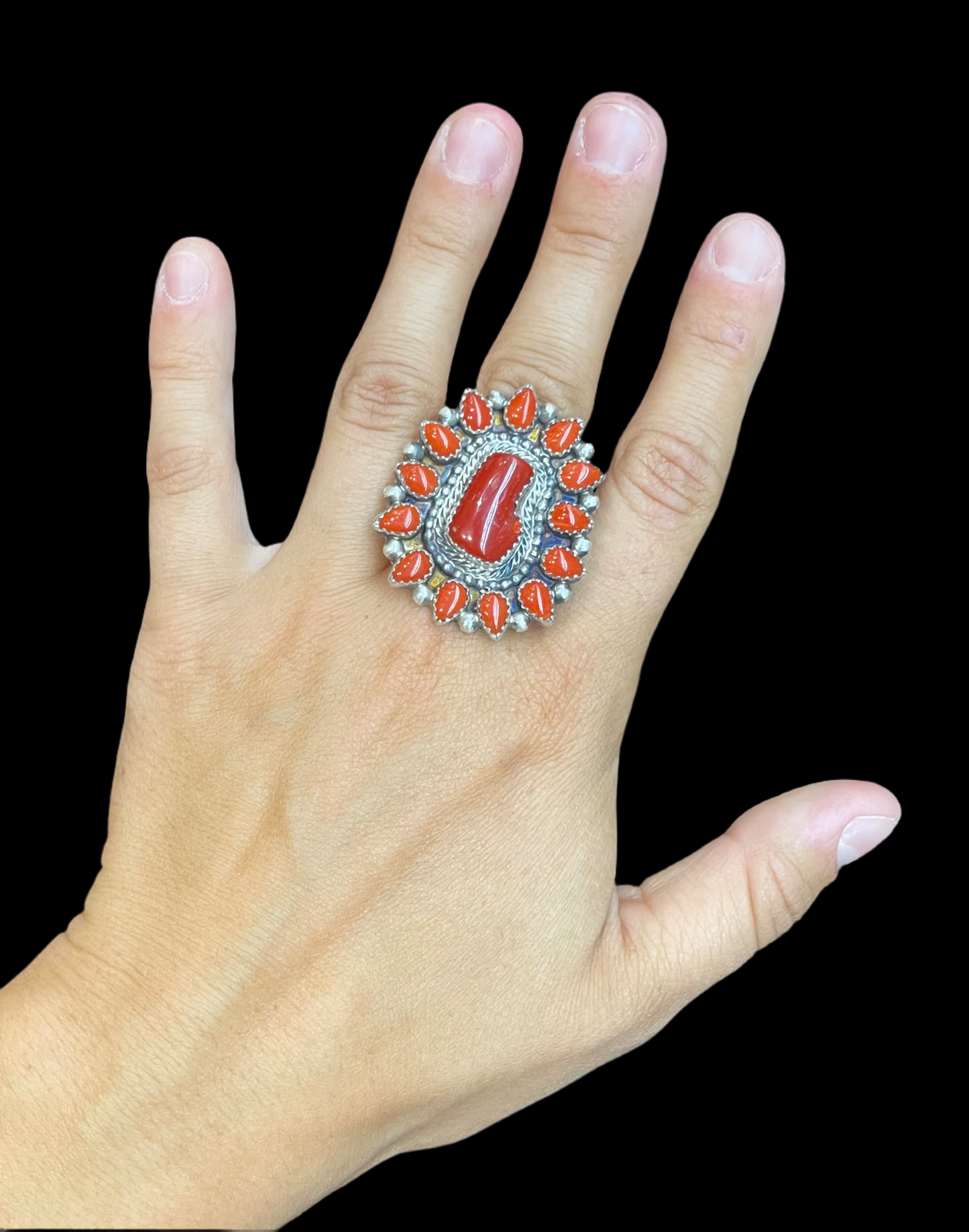 9.0 Red Coral Cluster Ring by Tom Lewis, Navajo