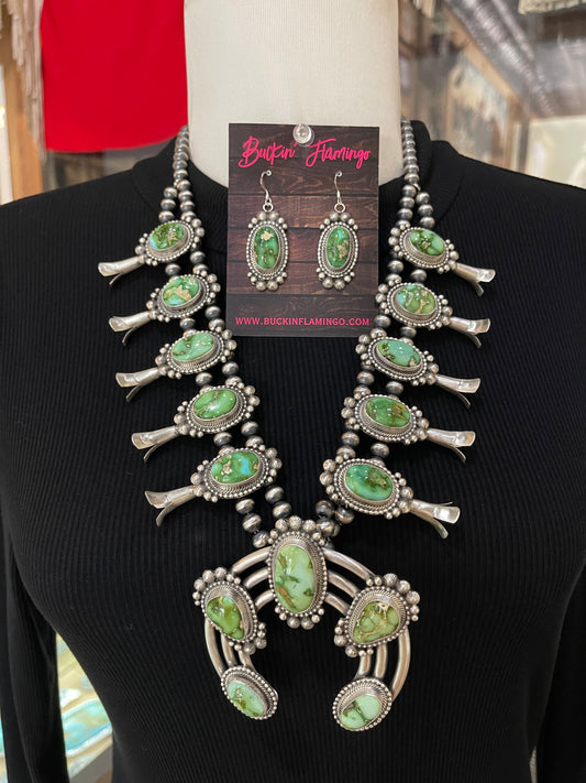 26" Sonoran Gold Turquoise Squash Blossom and Dangle Earrings Set by Tom Lewis, Navajo