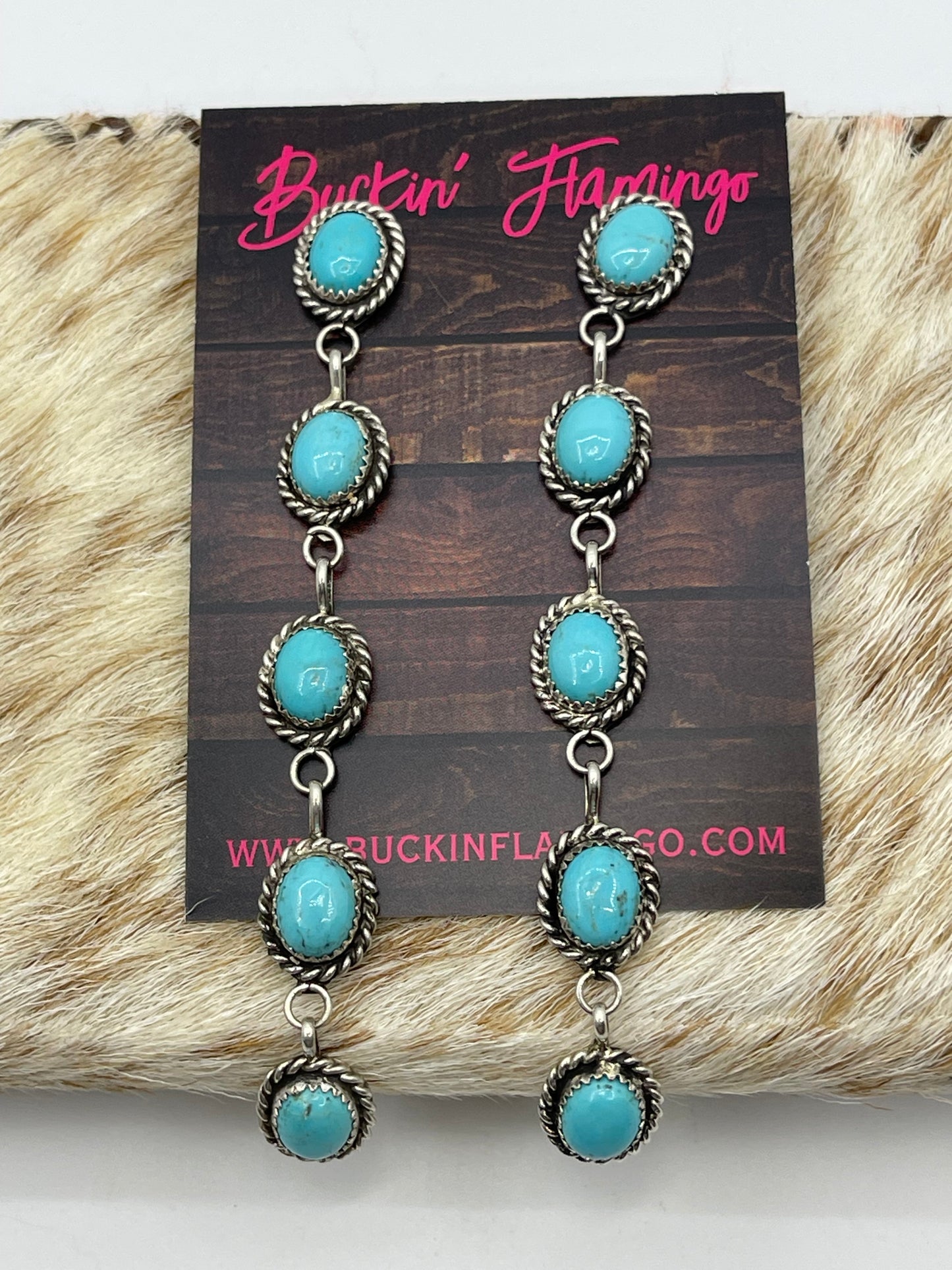 5 Stone Kingman Turquoise Post Dangle Earrings by Maxine Ramirez, Navajo