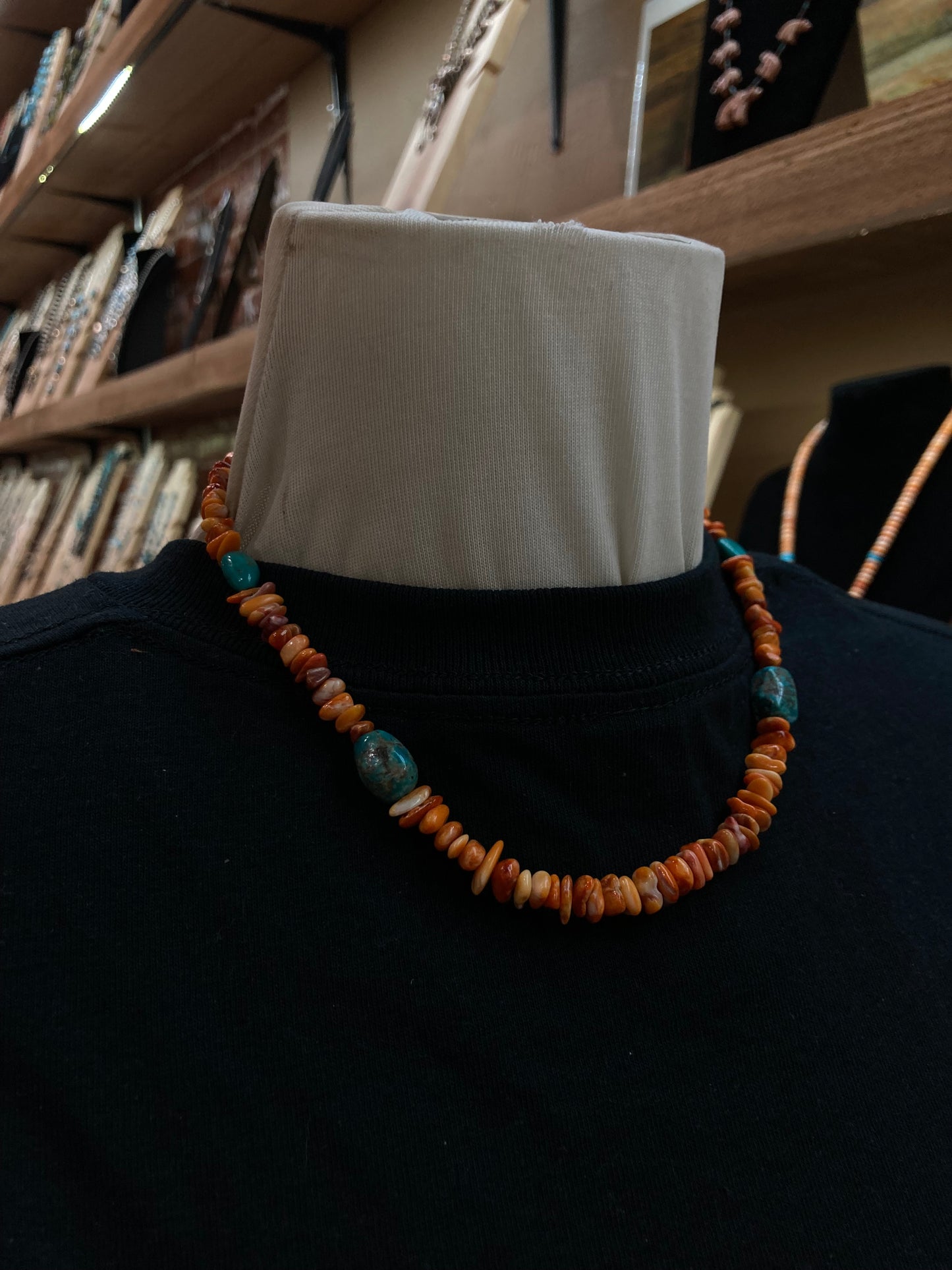 16" Orange Spiny Oyster and Turquoise Nugget Necklace