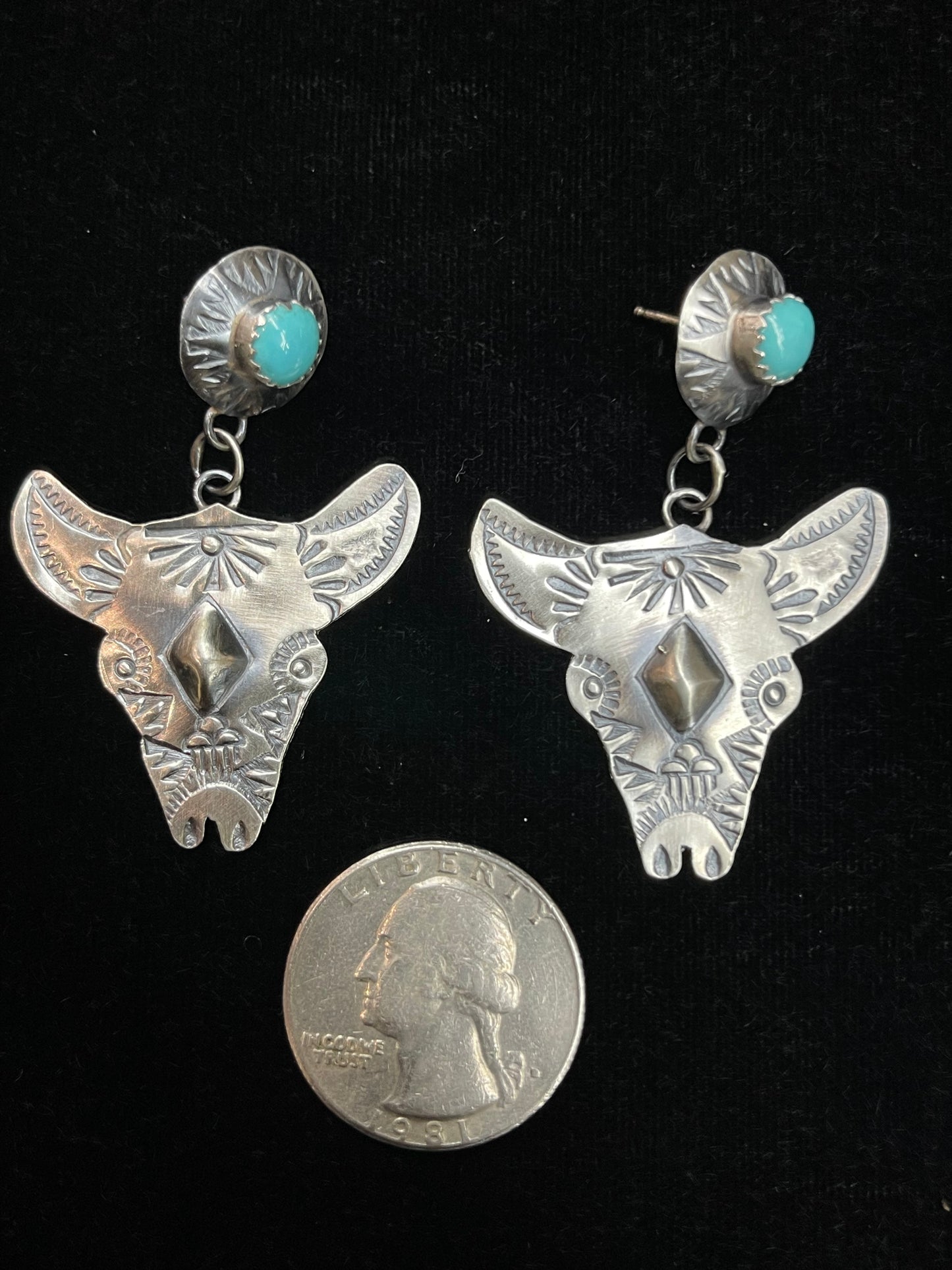 Stamped Sterling Silver Bull Head Earrings by Gabrielle Yazzie, Navajo