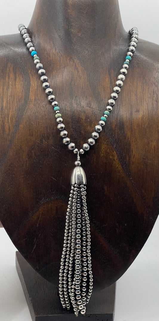 18" 6mm Navajo Pearls with a 5" Tassel Lariat Necklace