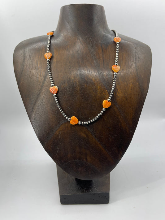 Navajo Pearls and Orange Spiny Hearts Necklace