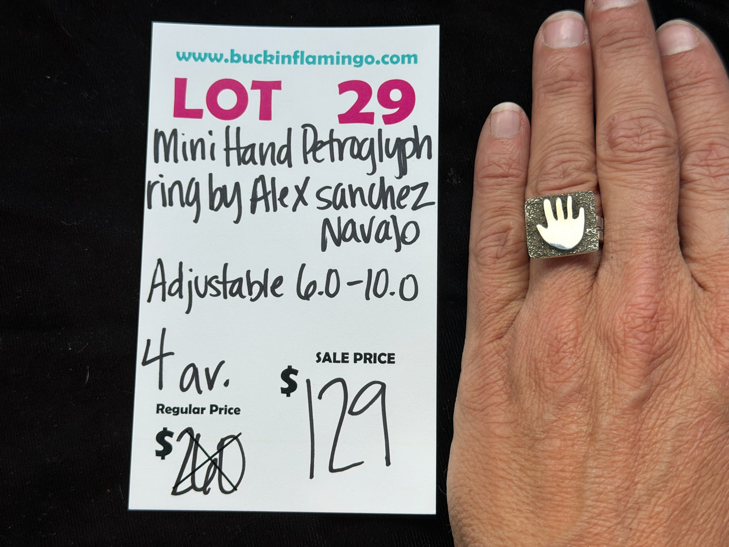 LOT 29 8/9 Mini Hand Petroglyph Ring by Alex Sanchez, Navajo