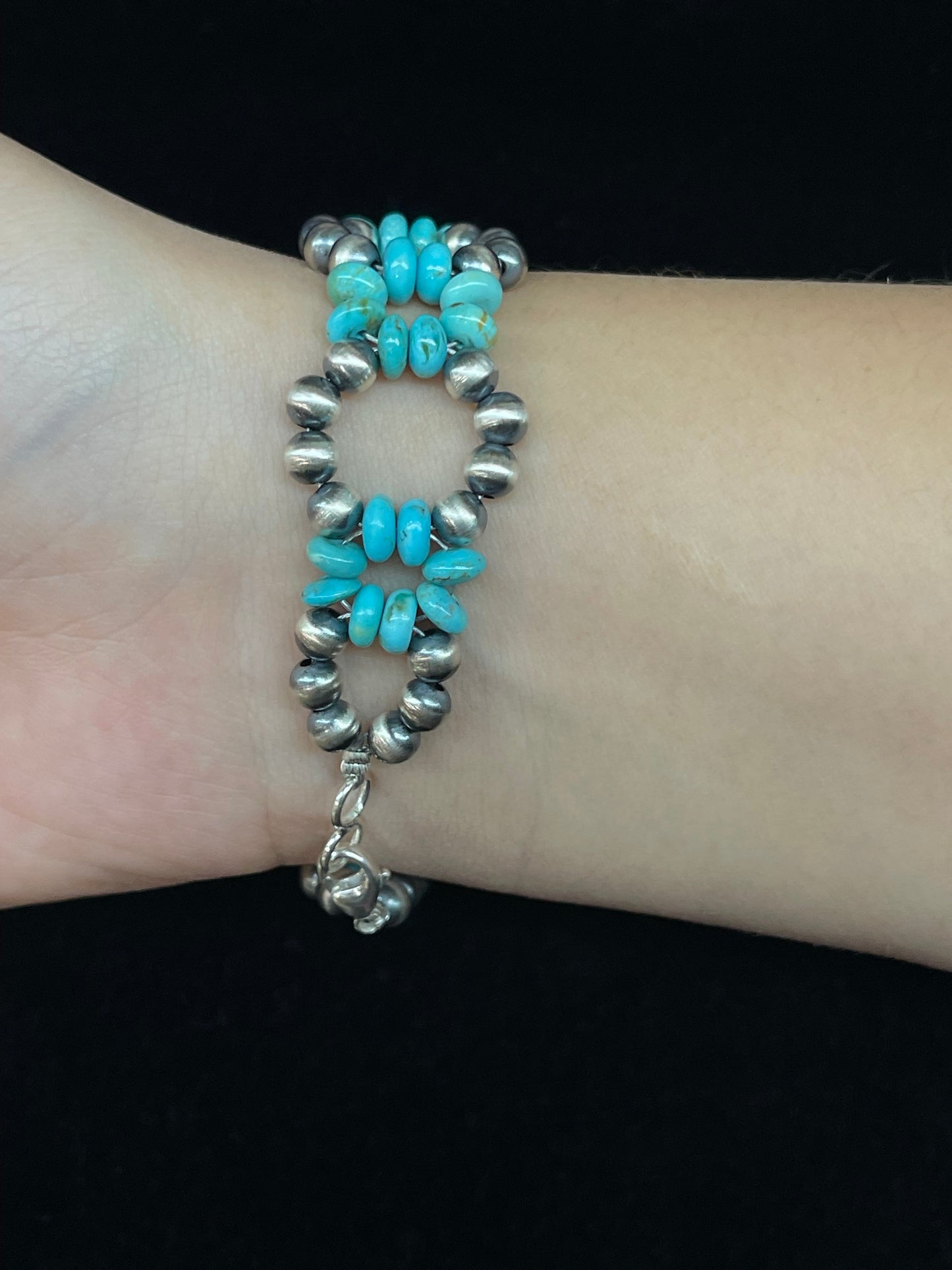 7 1/4" 5mm Silver Pearls with Turquoise  Bracelet