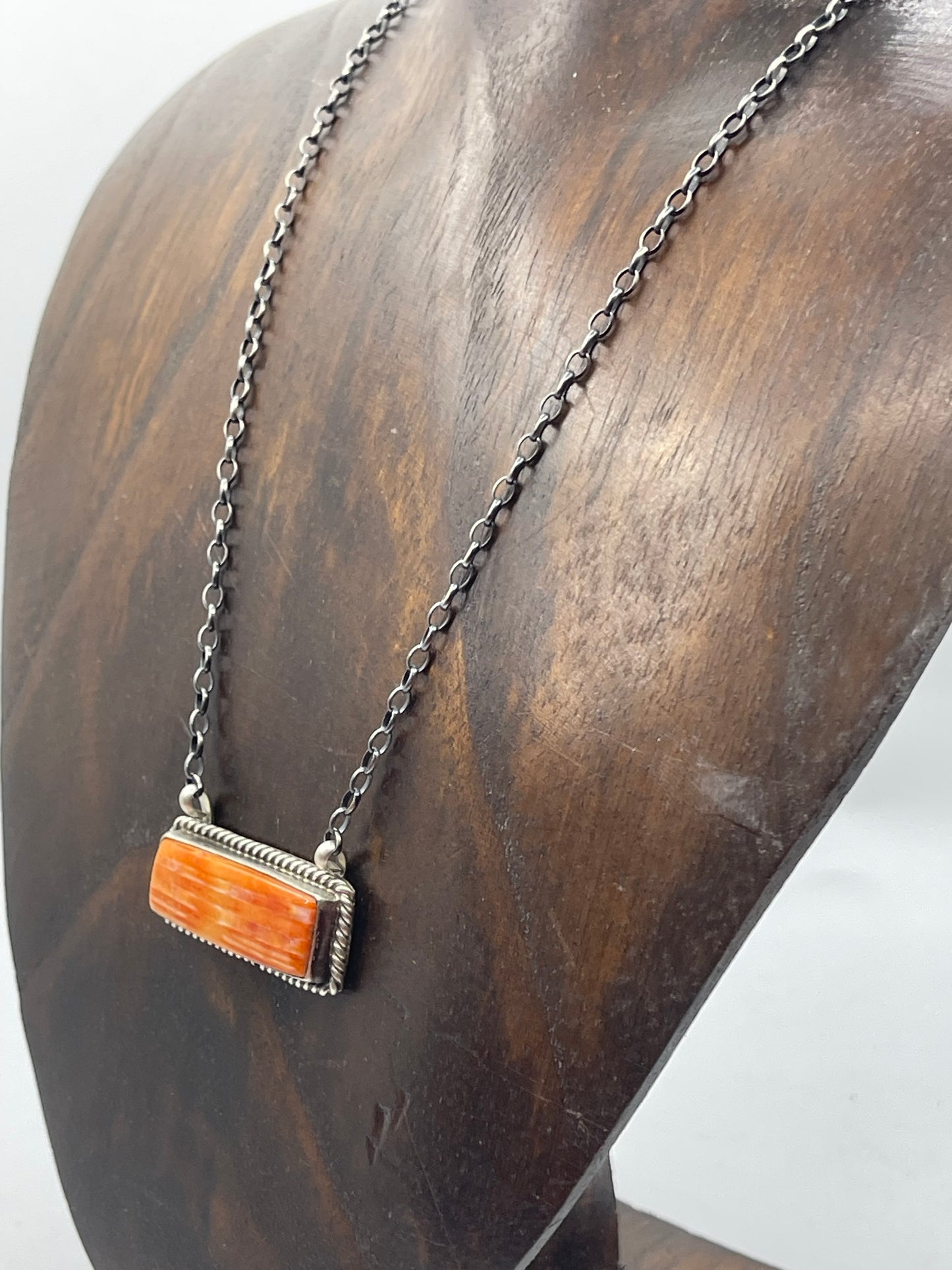 16" Orange Spiny Oyster Shell Bar Necklace by Johnny Dixon, Navajo